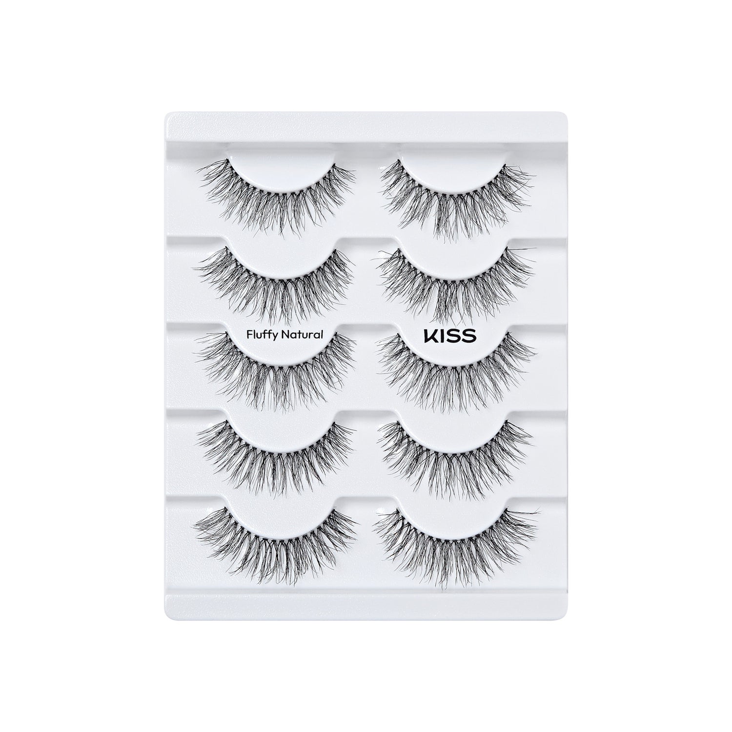 The image features a display of false eyelashes arranged neatly on a white tray. There are six pairs of lashes in total, showcasing a variety of styles. The lashes are labeled "Fluffy Natural" and are designed to enhance the eyes with a soft, voluminous look. The overall presentation is clean and organized, highlighting the product&
