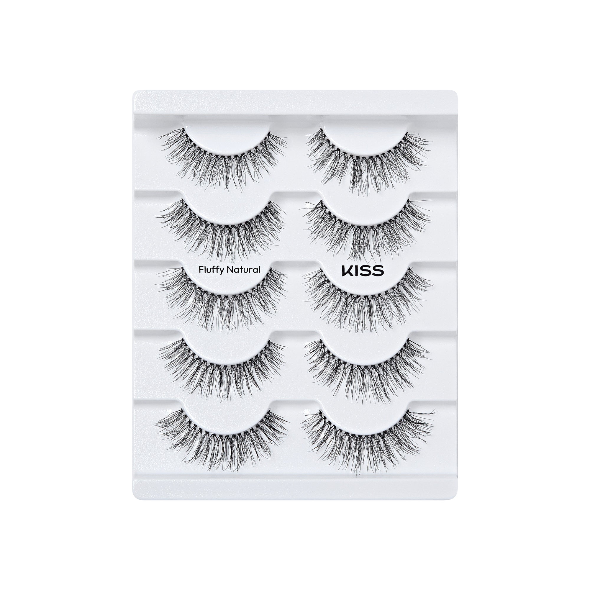 The image features a display of false eyelashes arranged neatly on a white tray. There are six pairs of lashes in total, showcasing a variety of styles. The lashes are labeled "Fluffy Natural" and are designed to enhance the eyes with a soft, voluminous look. The overall presentation is clean and organized, highlighting the product&