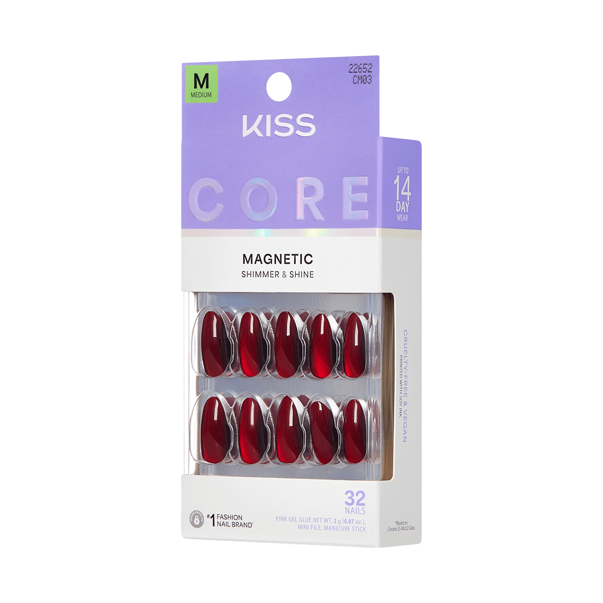KISS Core Magnetic Shimmer &amp; Shine artificial nails, medium size, 32 nails, deep red color.