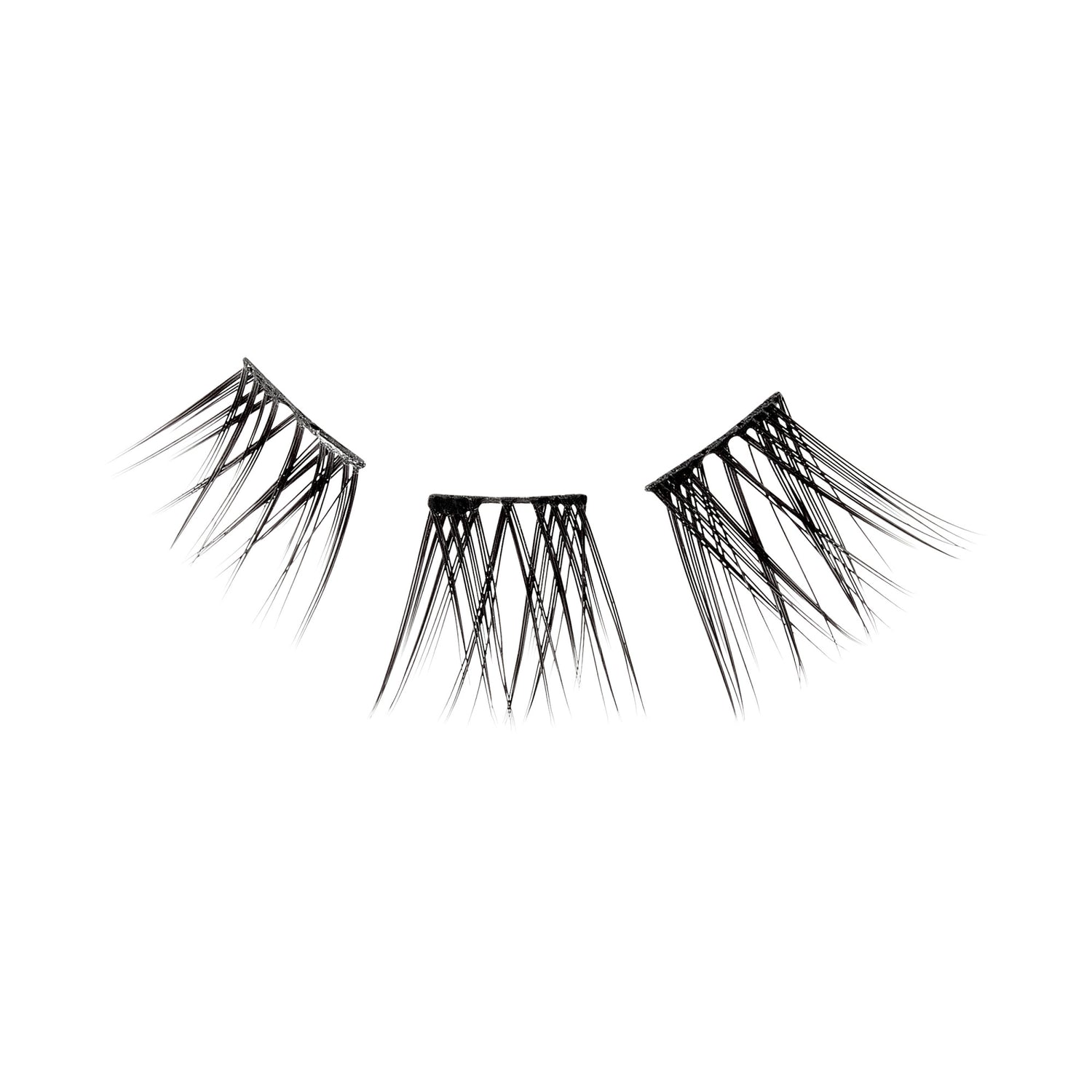 The image shows a pair of false eyelashes. The eyelashes are black and have a dramatic, spiky design with varying lengths of lashes. They are arranged in a semi-circular shape, typical of false eyelashes, and are designed to be applied to the upper eyelid to enhance the appearance of natural lashes. The lashes are separated into three distinct sections, likely for easier application and a more customizable fit.
