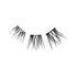 The image shows a pair of false eyelashes. The eyelashes are black and have a dramatic, spiky design with varying lengths of lashes. They are arranged in a semi-circular shape, typical of false eyelashes, and are designed to be applied to the upper eyelid to enhance the appearance of natural lashes. The lashes are separated into three distinct sections, likely for easier application and a more customizable fit.