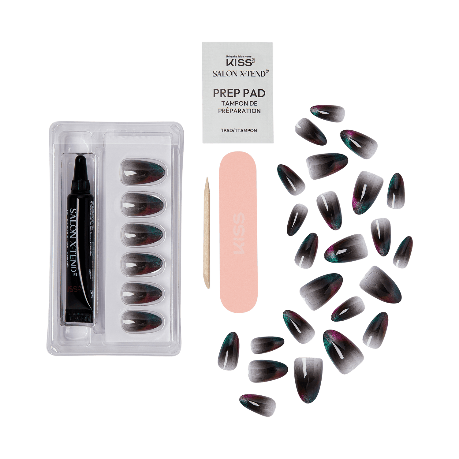 The image features a nail care kit from KISS, specifically the Salon Xtend line. It includes a set of artificial nails in various sizes, showcasing a gradient design with dark tips. Accompanying the nails is a prep pad for surface preparation, a wooden cuticle stick, and a pink nail file. The items are neatly arranged, highlighting the tools needed for a complete manicure.