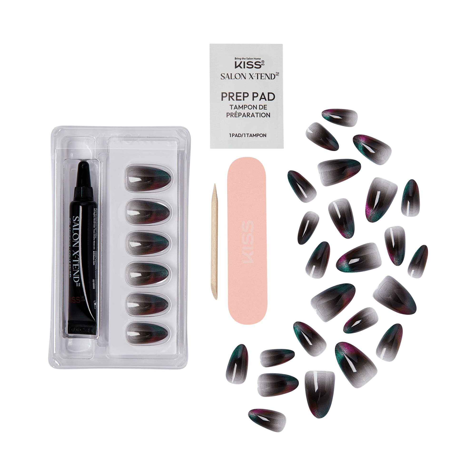 The image features a nail care kit from KISS, specifically the Salon Xtend line. It includes a set of artificial nails in various sizes, showcasing a gradient design with dark tips. Accompanying the nails is a prep pad for surface preparation, a wooden cuticle stick, and a pink nail file. The items are neatly arranged, highlighting the tools needed for a complete manicure.