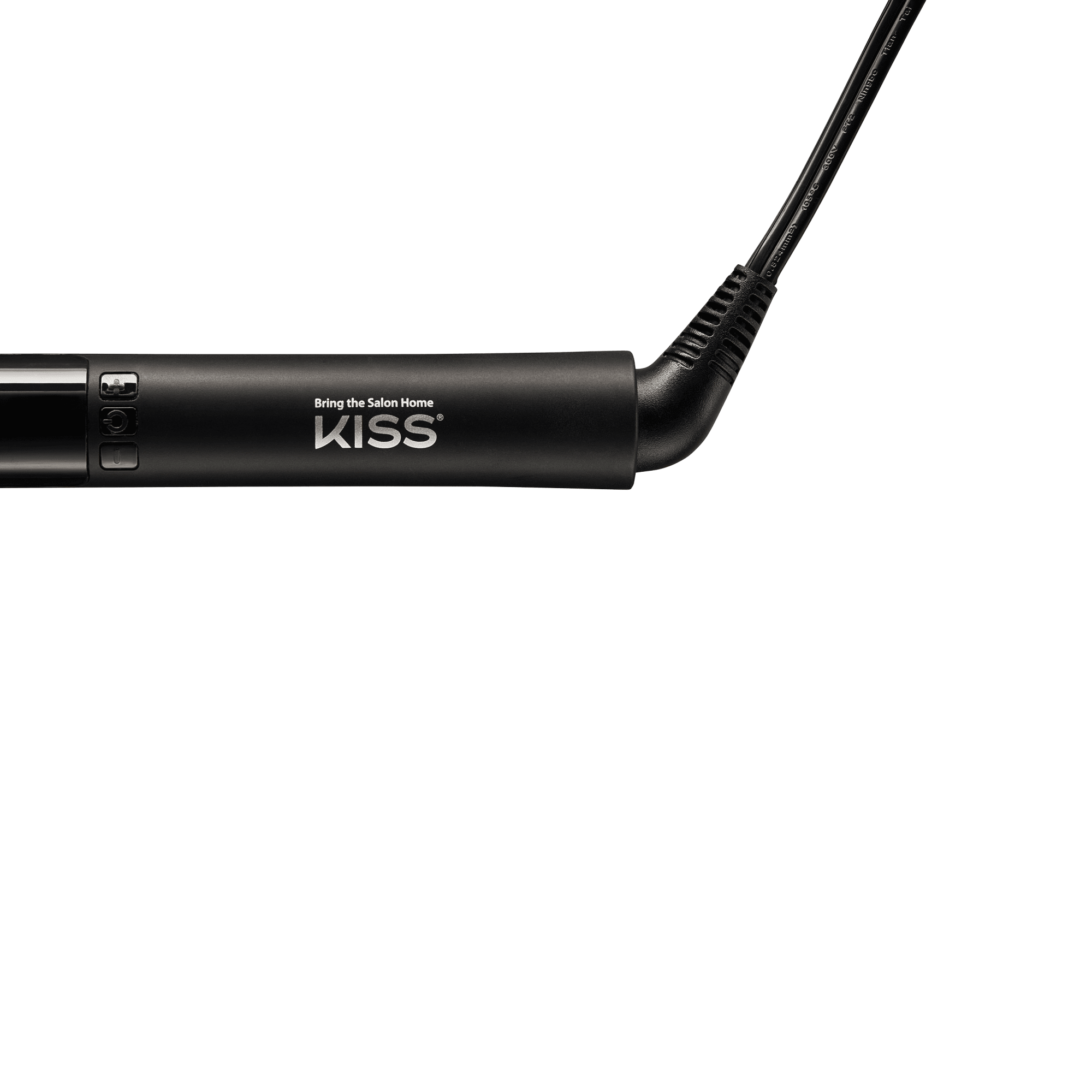 The image features a sleek, black hair styling tool, likely a flat iron or curling wand. The handle is prominently branded with the word "KISS," and there are buttons on the side for adjusting settings. The cord is flexible and appears to be designed for ease of use. The overall design suggests a modern and professional appearance, aimed at bringing salon-quality results to home users.