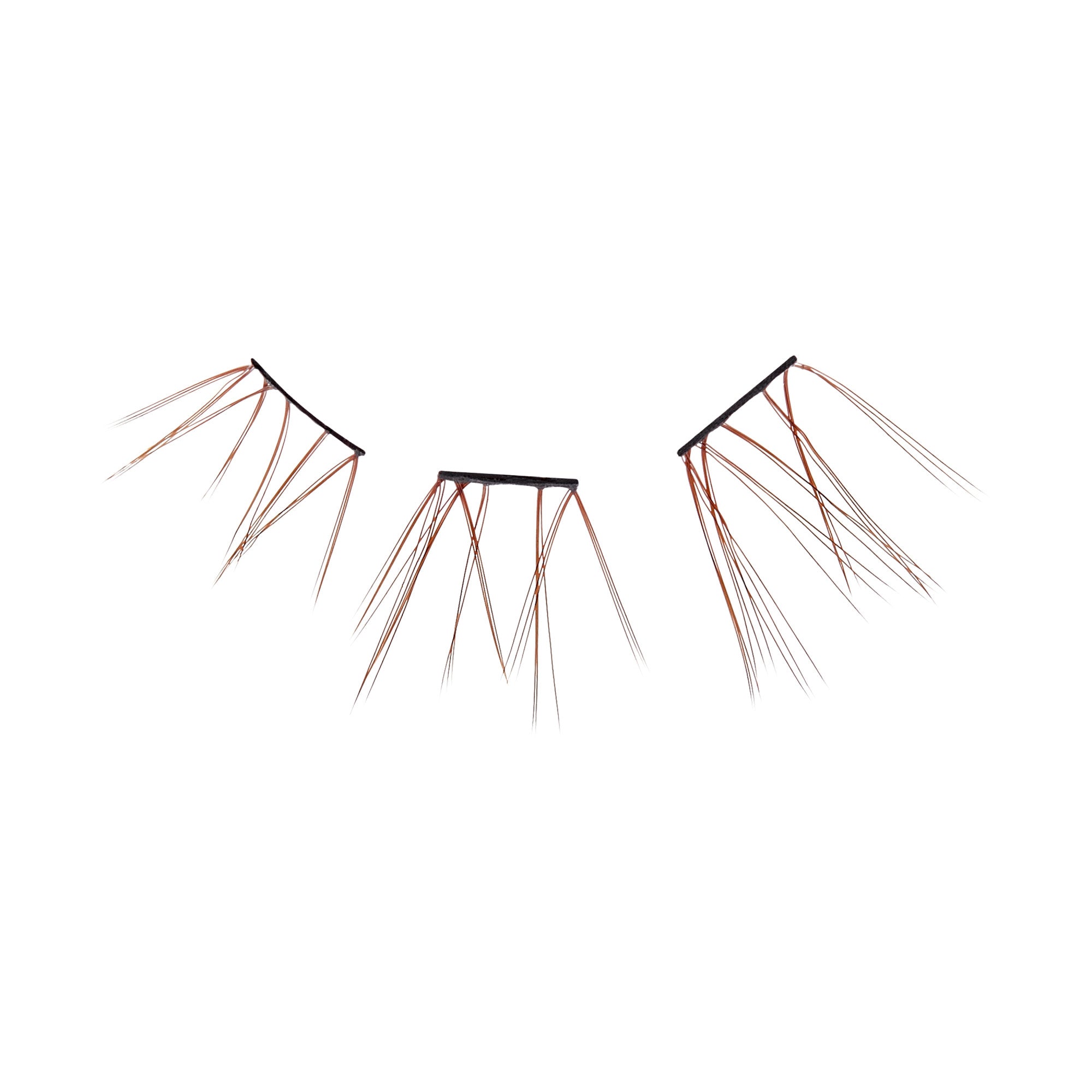 The image shows three sets of false eyelashes. Each set has a black band with long, thin, and wispy lashes extending from it. The lashes are arranged in a fan-like pattern, with some strands appearing longer and more prominent than others. The overall design of the eyelashes gives a dramatic and voluminous look. The background is plain white, highlighting the details of the eyelashes.