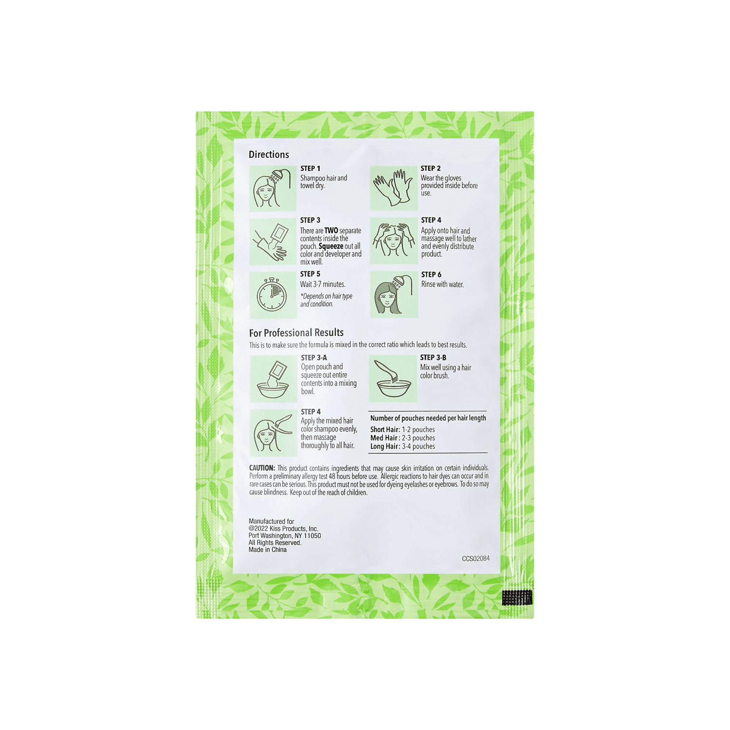Green leafy-patterned pouch back of KISS Color Change Permanent Shampoo Dye with step-by-step hair dye directions and professional usage tips.