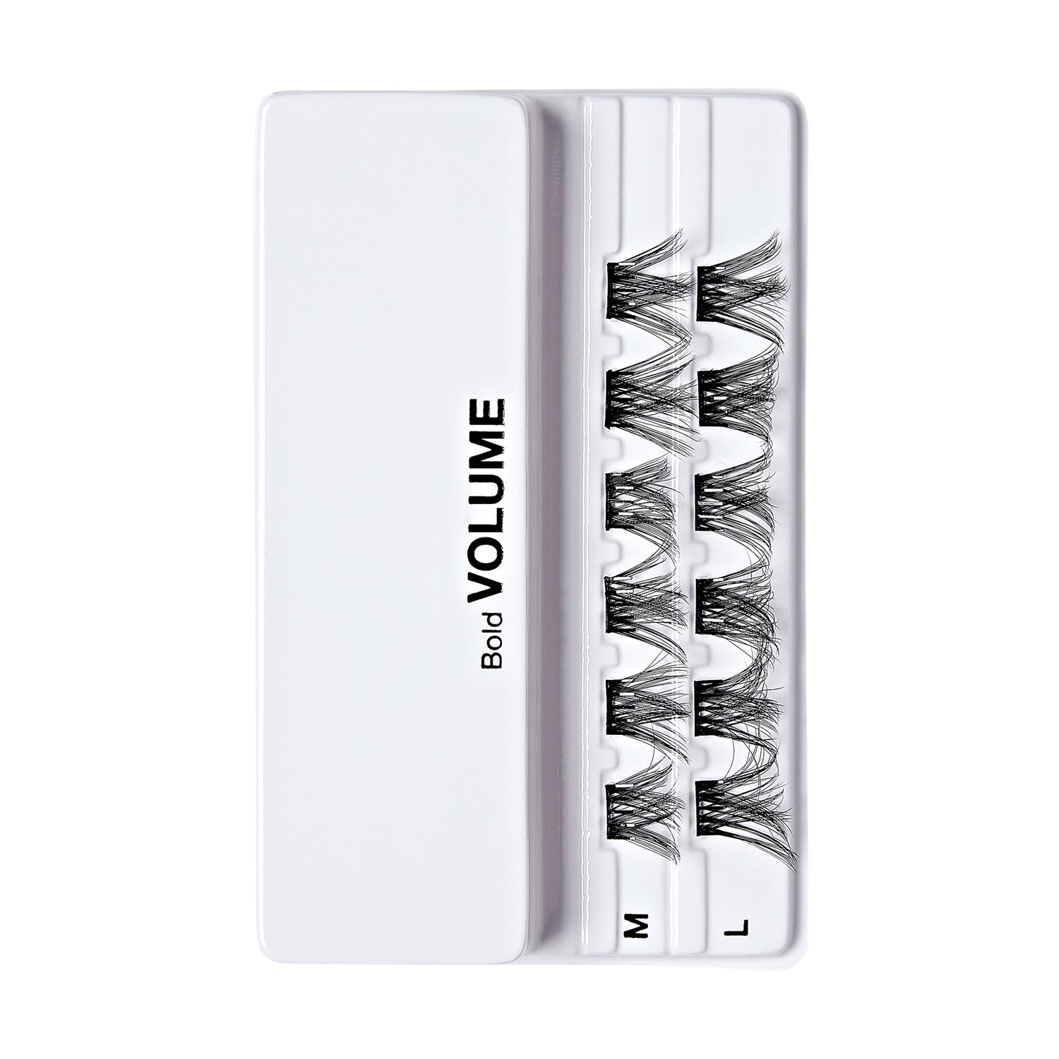 The image shows a white plastic case containing false eyelashes. The case is labeled "Bold VOLUME" in black text. Inside the case, there are three rows of false eyelashes, each row labeled with a different size: "M" for medium and "L" for large. The eyelashes are arranged neatly in the case, with each set of lashes separated by a small divider. The overall design is clean and minimalistic, emphasizing the product&