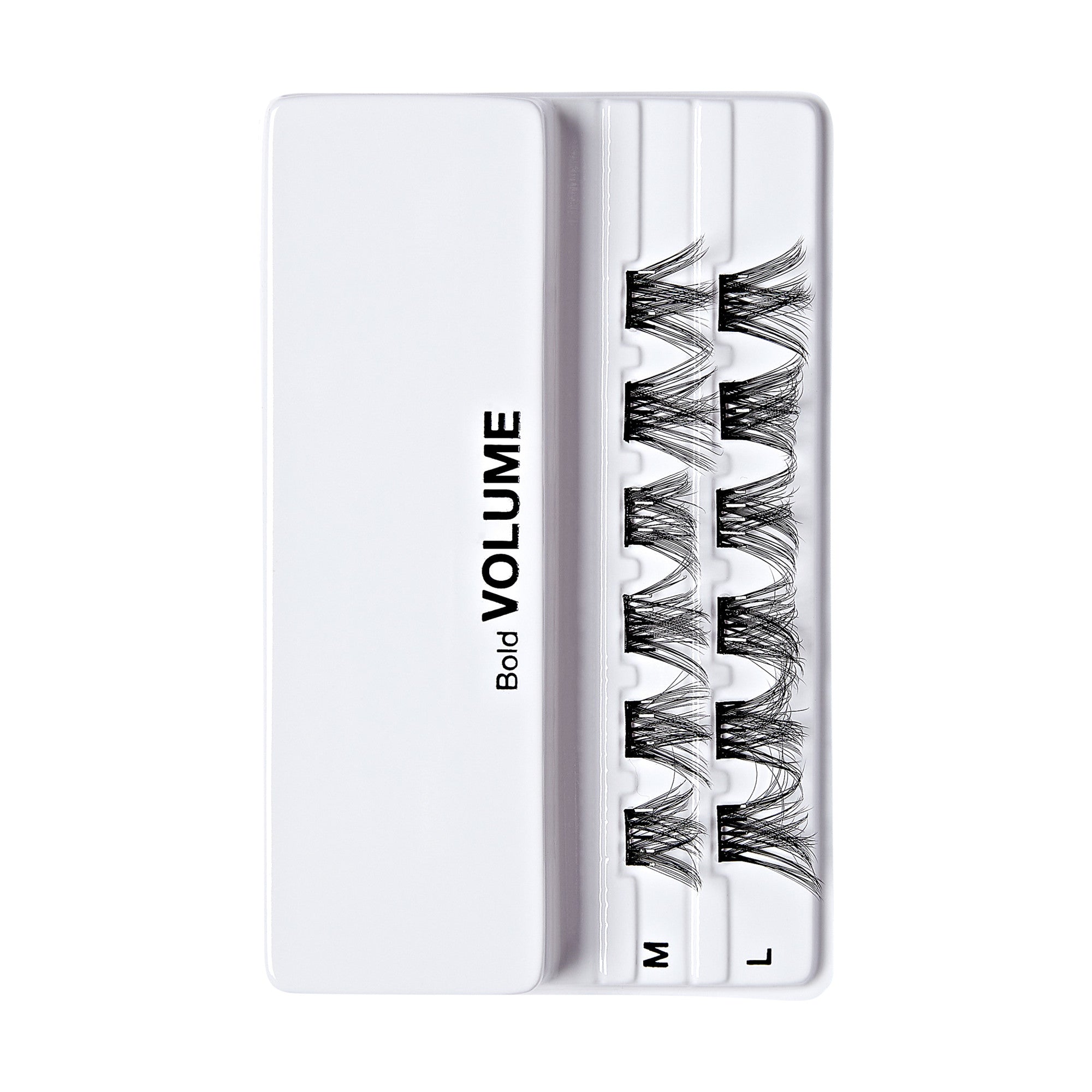 The image shows a white plastic case containing false eyelashes. The case is labeled "Bold VOLUME" in black text. Inside the case, there are three rows of false eyelashes, each row labeled with a different size: "M" for medium and "L" for large. The eyelashes are arranged neatly in the case, with each set of lashes separated by a small divider. The overall design is clean and minimalistic, emphasizing the product&