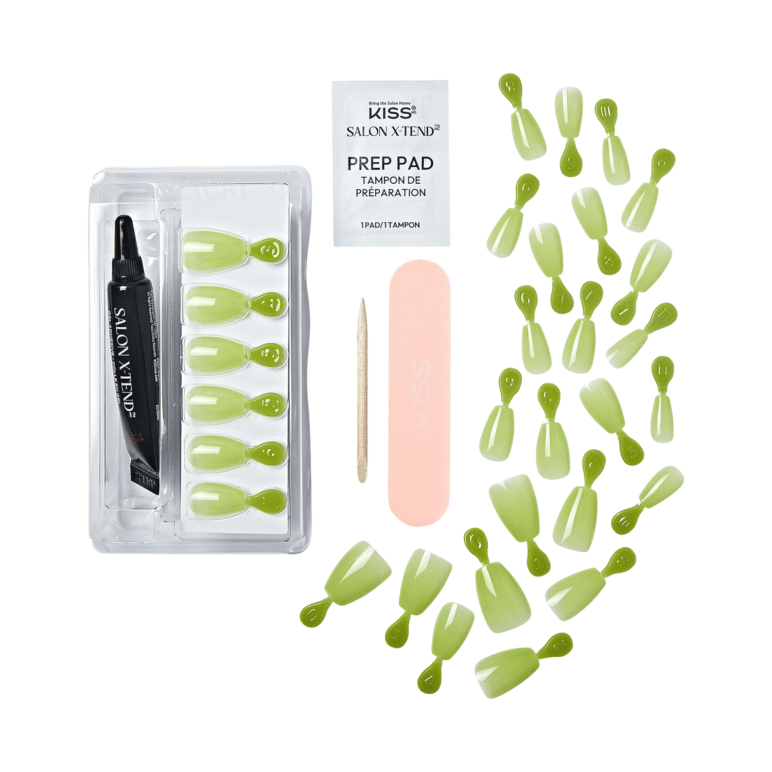 The image displays a set of nail care and manicure items. The set includes:

1. A black tube labeled "Salon X TEND."
2. A clear plastic tray containing multiple green nail tips.
3. A small wooden stick, likely a cuticle pusher.
4. A pink nail file.
5. A packet labeled "PREP PAD."
6. Additional green nail tips scattered around the main items.

The items are arranged neatly, suggesting they are part of a nail extension or manicure kit.