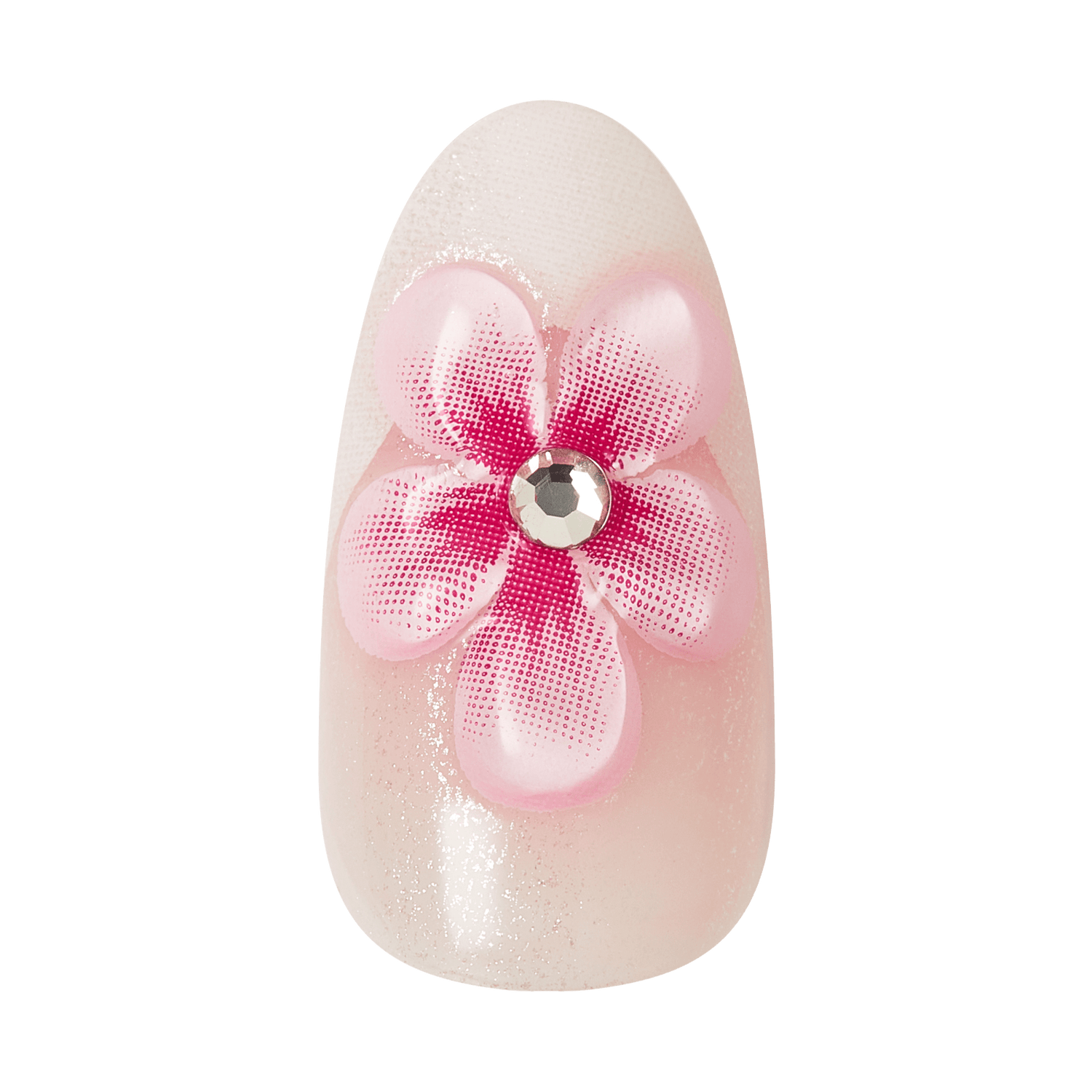 Pink rhinestone flower nail art on almond-shaped nail with glitter base