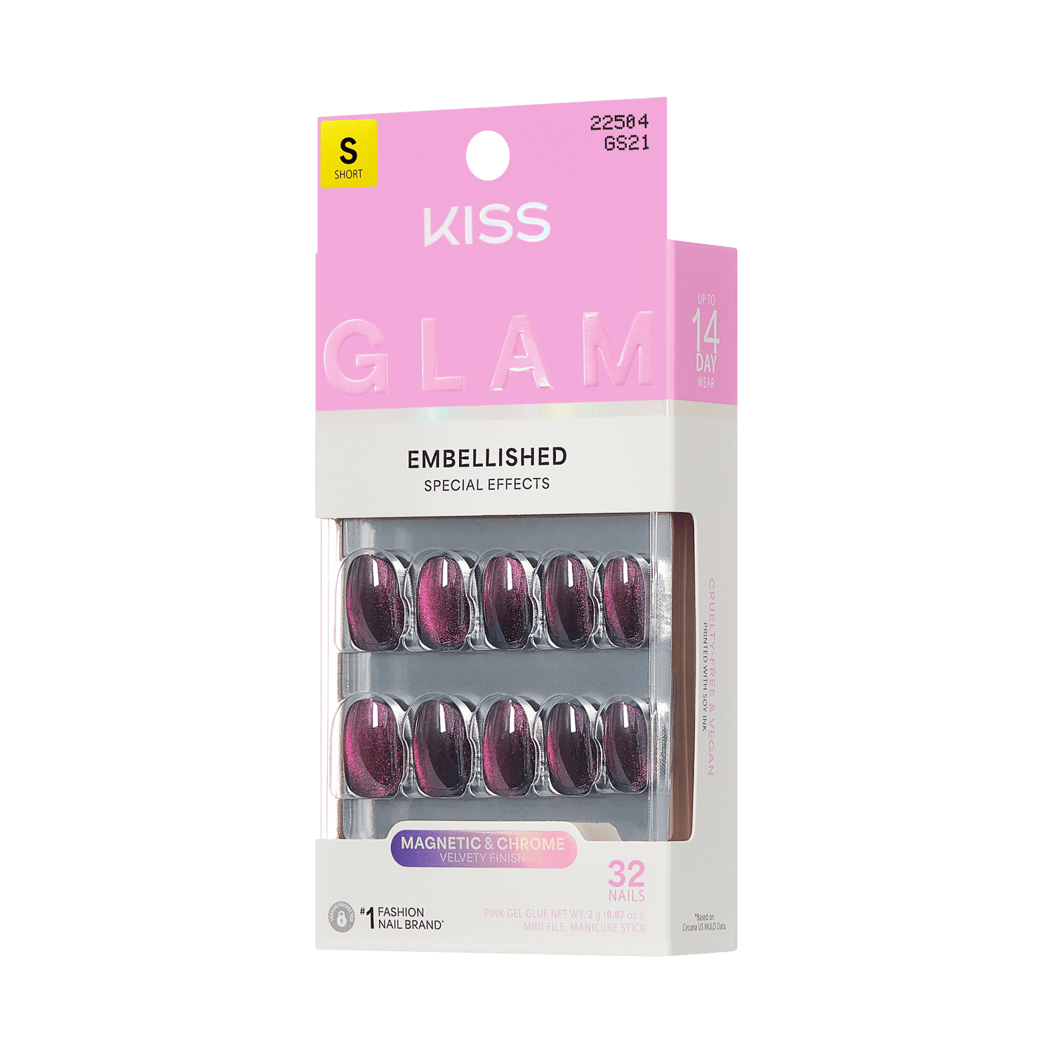 KISS Glam Embellished Short Nails, Magnetic &amp; Chrome, 32 Count