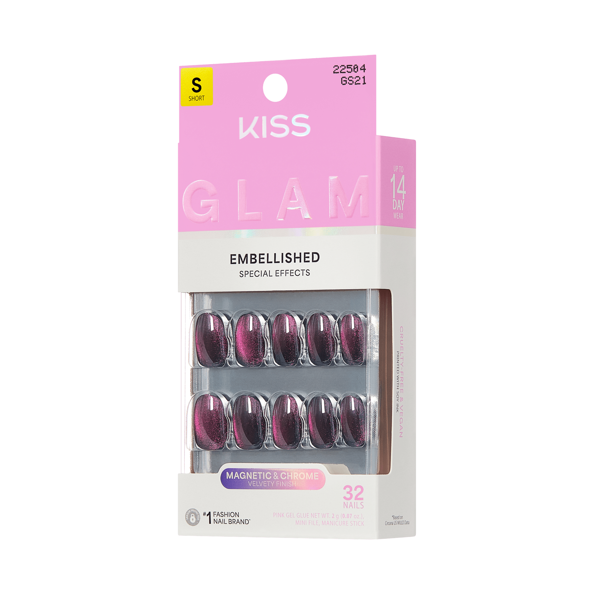 KISS Glam Embellished Short Nails, Magnetic &amp; Chrome, 32 Count