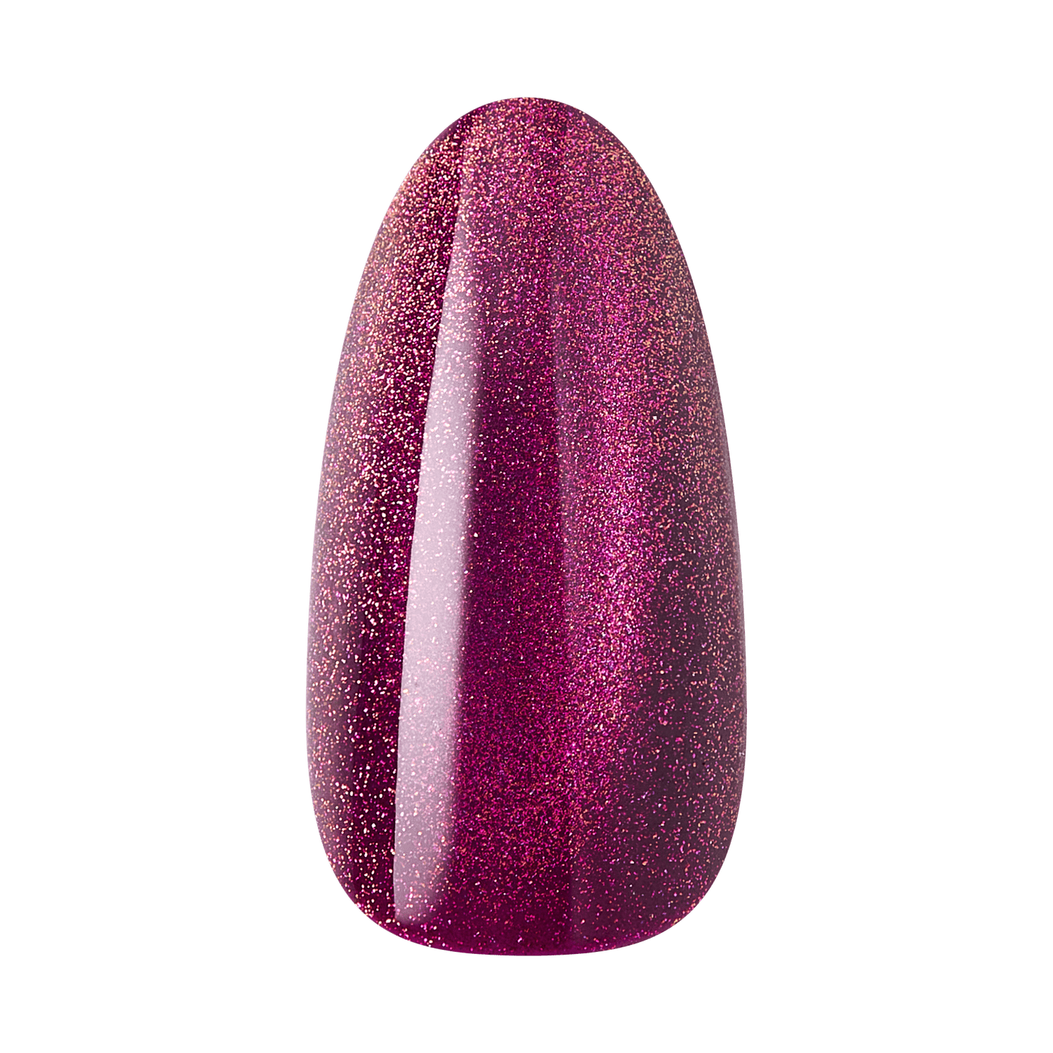 Glittery plum nail polish swatch with almond shape manicure