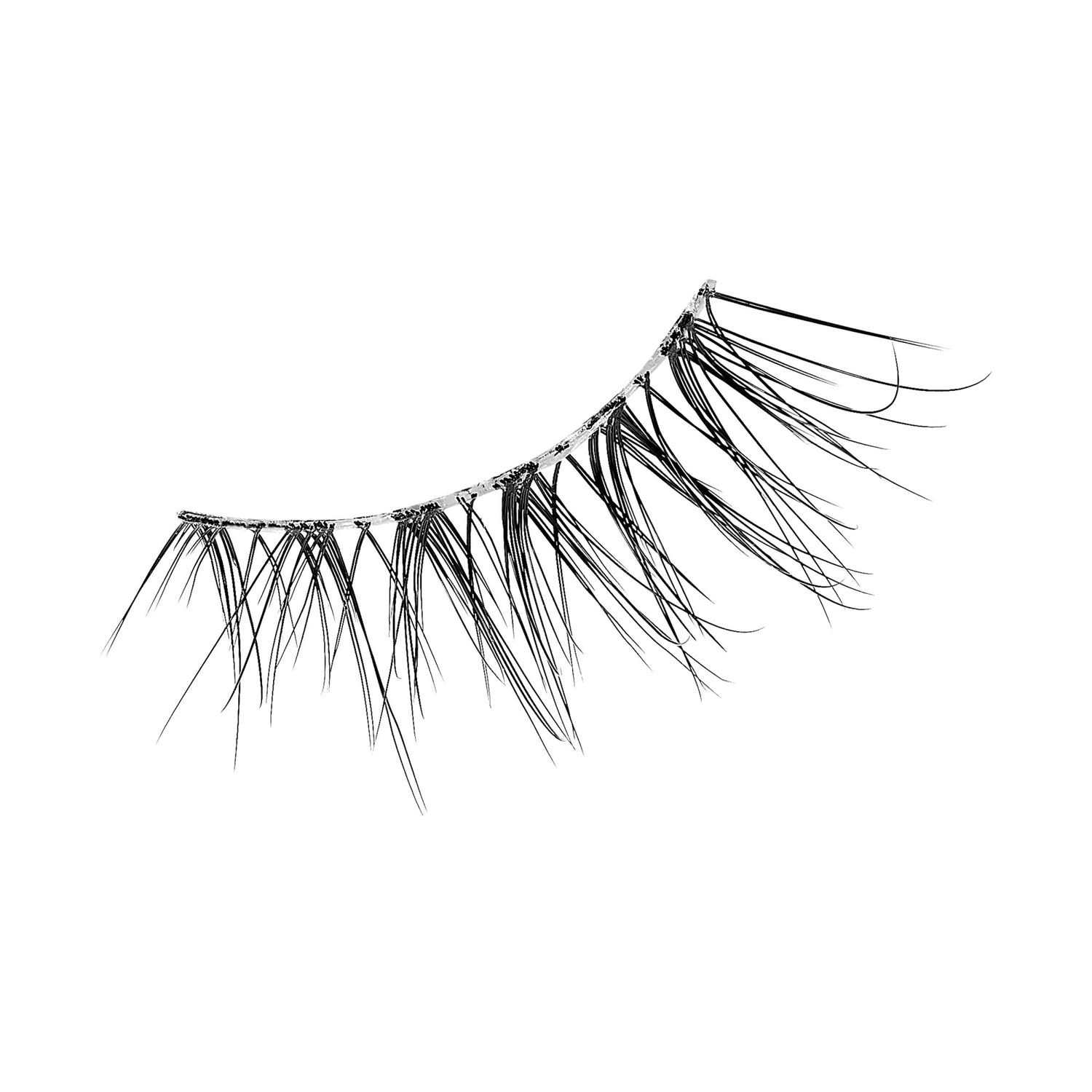 The image shows a single strip of false eyelashes. The eyelashes are black and appear to be made of synthetic fibers. They are arranged in a slightly curved line, designed to mimic the natural curve of the eyelid. The lashes vary in length, with some being longer and more prominent, giving a voluminous and dramatic effect. The base of the strip is thin and flexible, allowing for easy application to the eyelid.