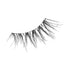 The image shows a single strip of false eyelashes. The eyelashes are black and appear to be made of synthetic fibers. They are arranged in a slightly curved line, designed to mimic the natural curve of the eyelid. The lashes vary in length, with some being longer and more prominent, giving a voluminous and dramatic effect. The base of the strip is thin and flexible, allowing for easy application to the eyelid.