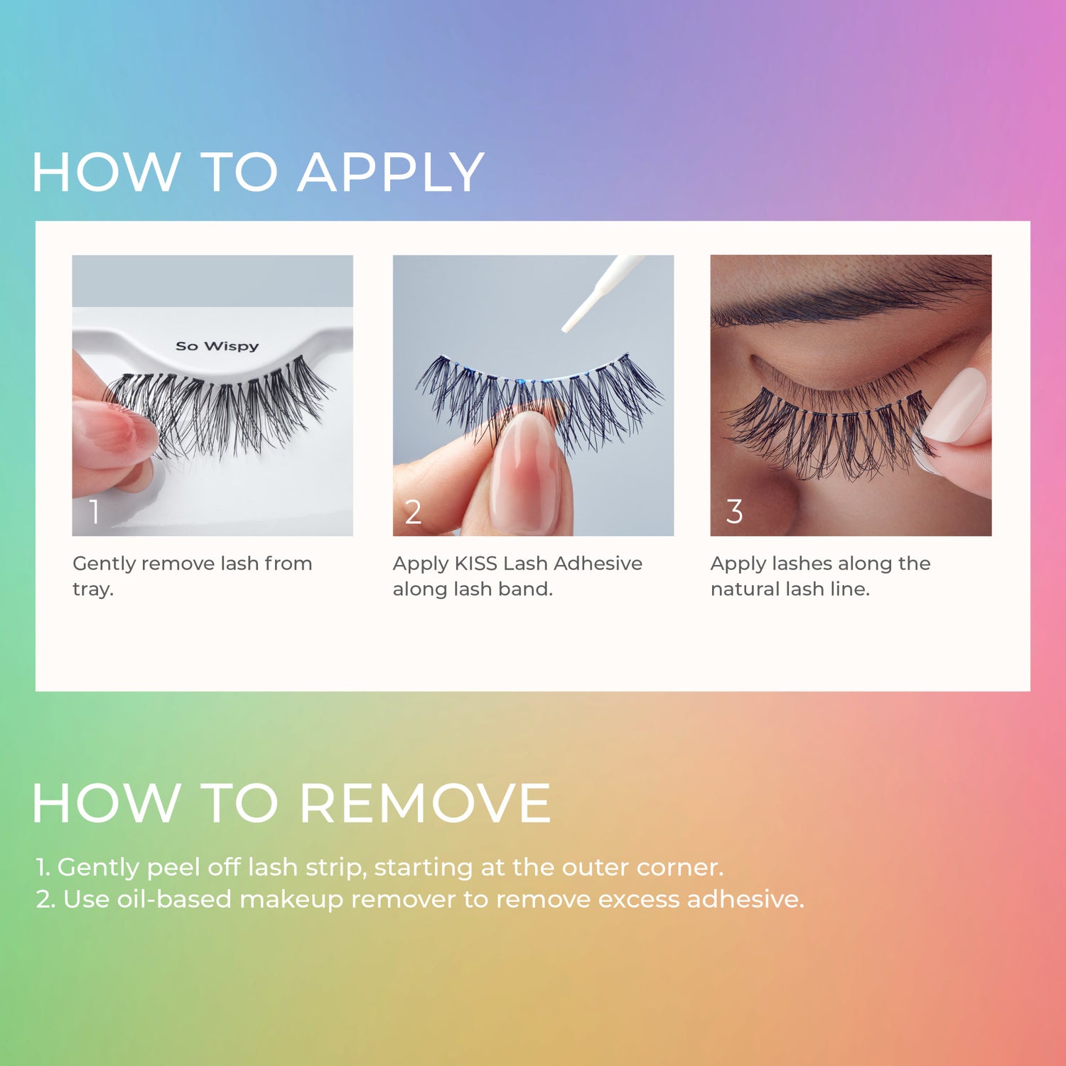 Step-by-step visuals for applying KISS false eyelashes: removing lashes from tray labeled \