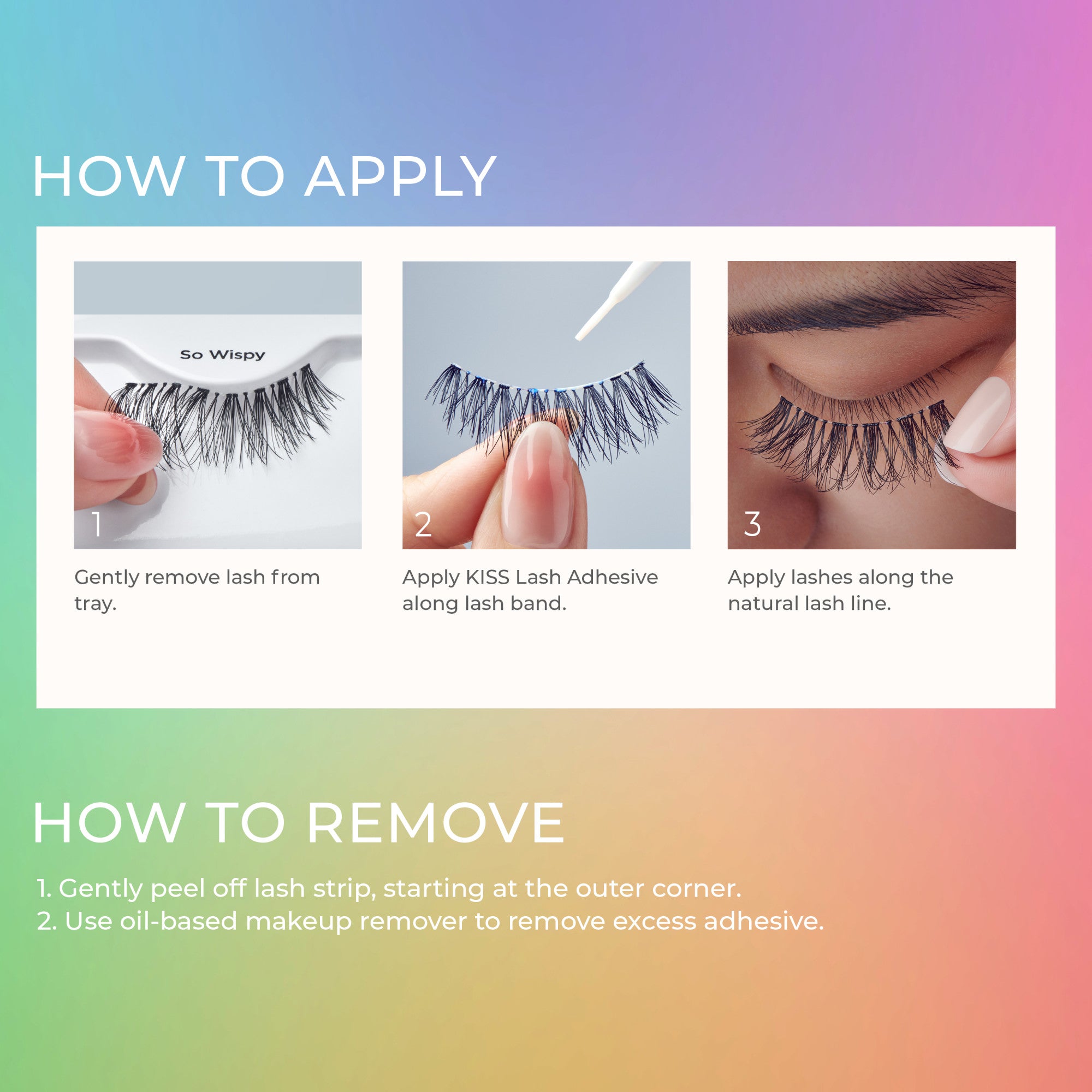 Step-by-step visuals for applying KISS false eyelashes: removing lashes from tray labeled \