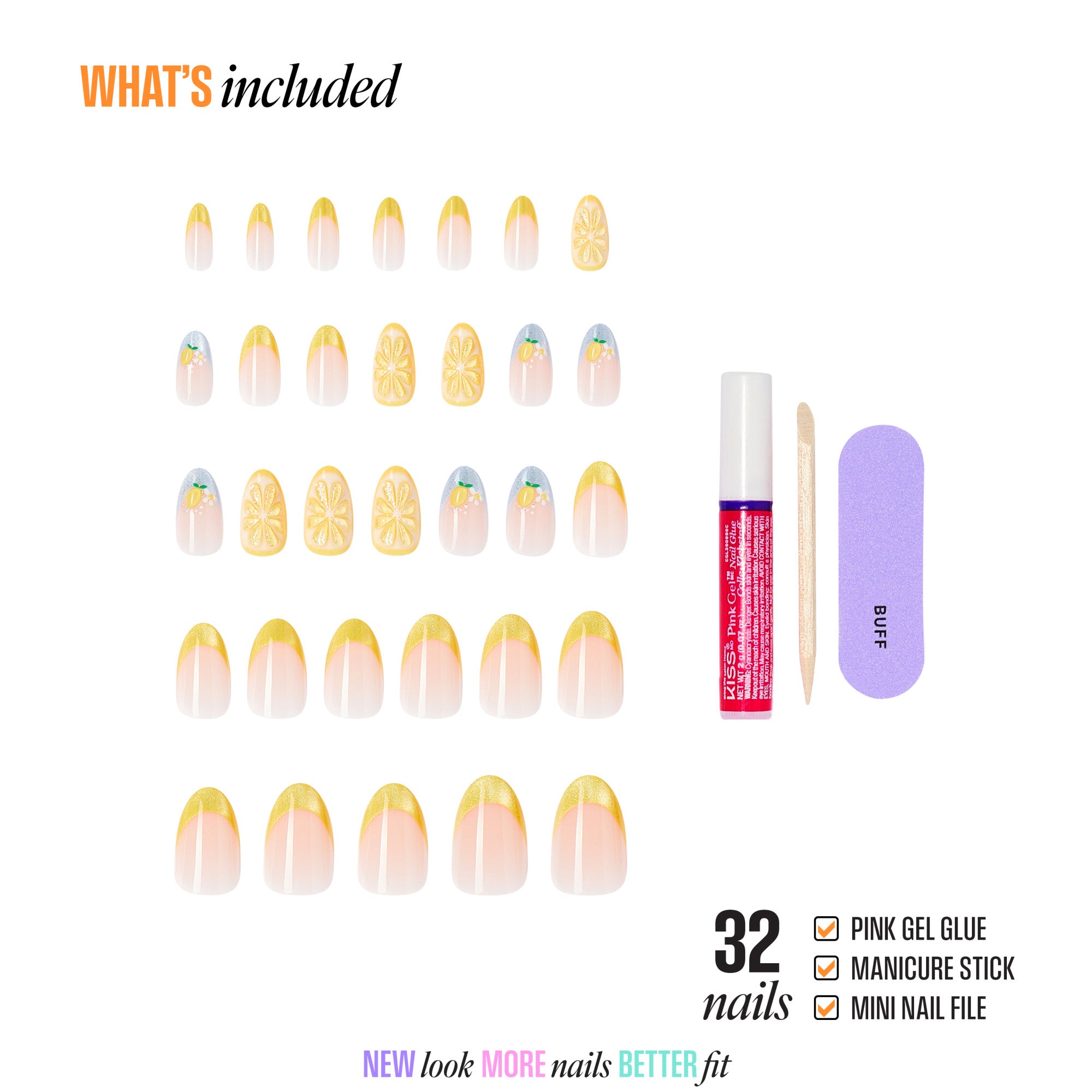 32 lemon nail set with gel glue, manicure stick, and file included.