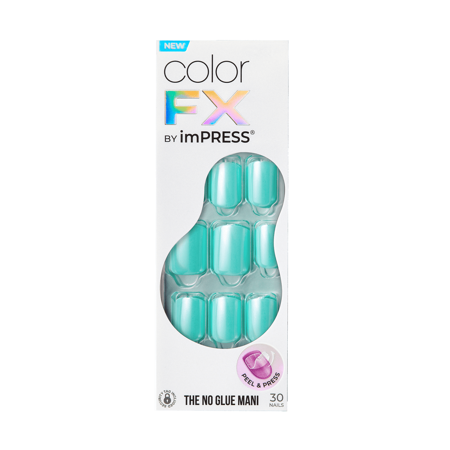 The image shows a product package for "Color FX by imPRESS." The package contains 30 artificial nails in a teal color. The packaging highlights that these are "The No Glue Mani" nails, indicating that no glue is required for application. The nails are arranged in a clear plastic window in the shape of a bean, allowing the teal nails to be visible. There is also a small circular label on the bottom right corner that says "Peel &amp; Press." The top left corner of the package has a "NEW" label.