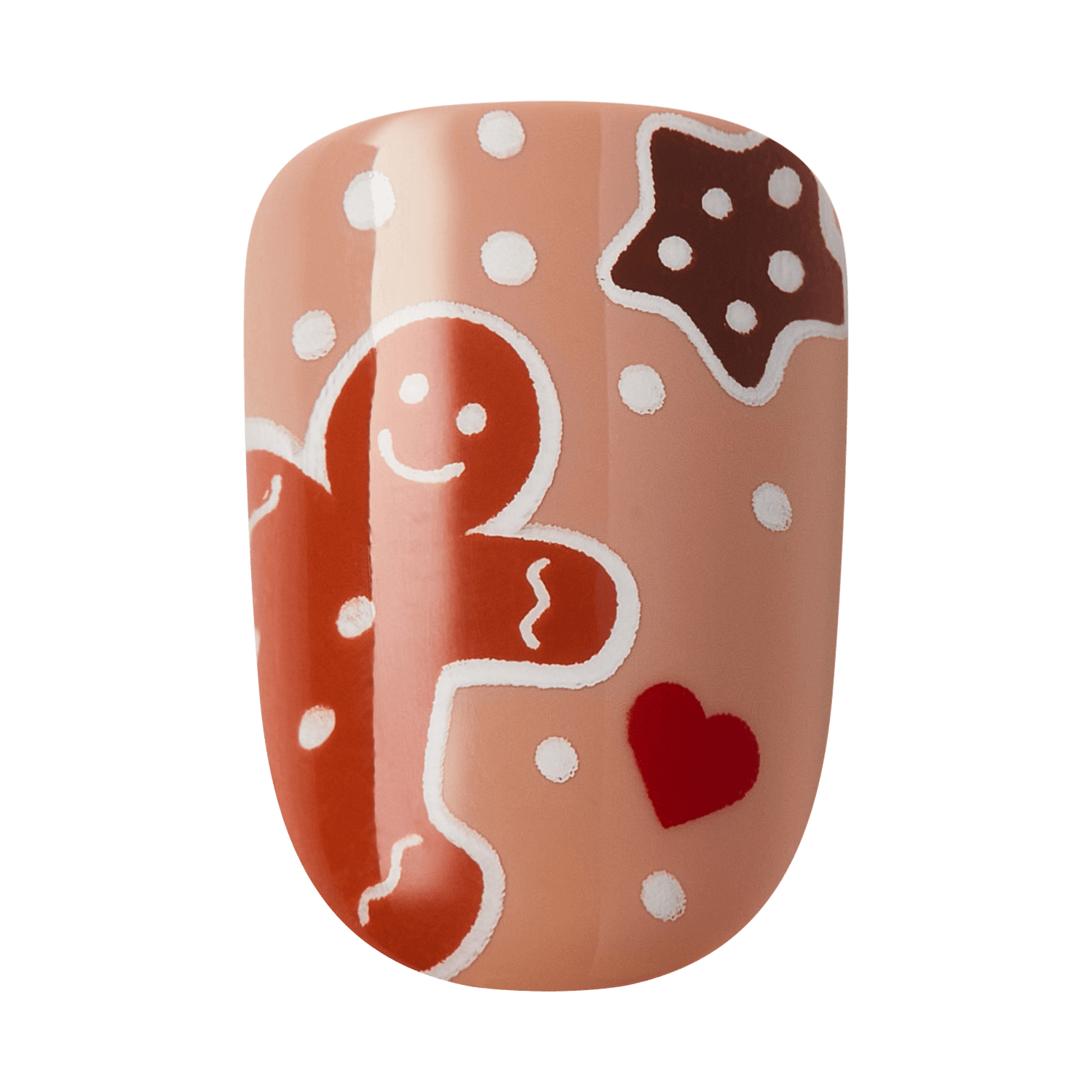 Festive nail art with gingerbread man, cookie, heart designs in red and brown on nude base.