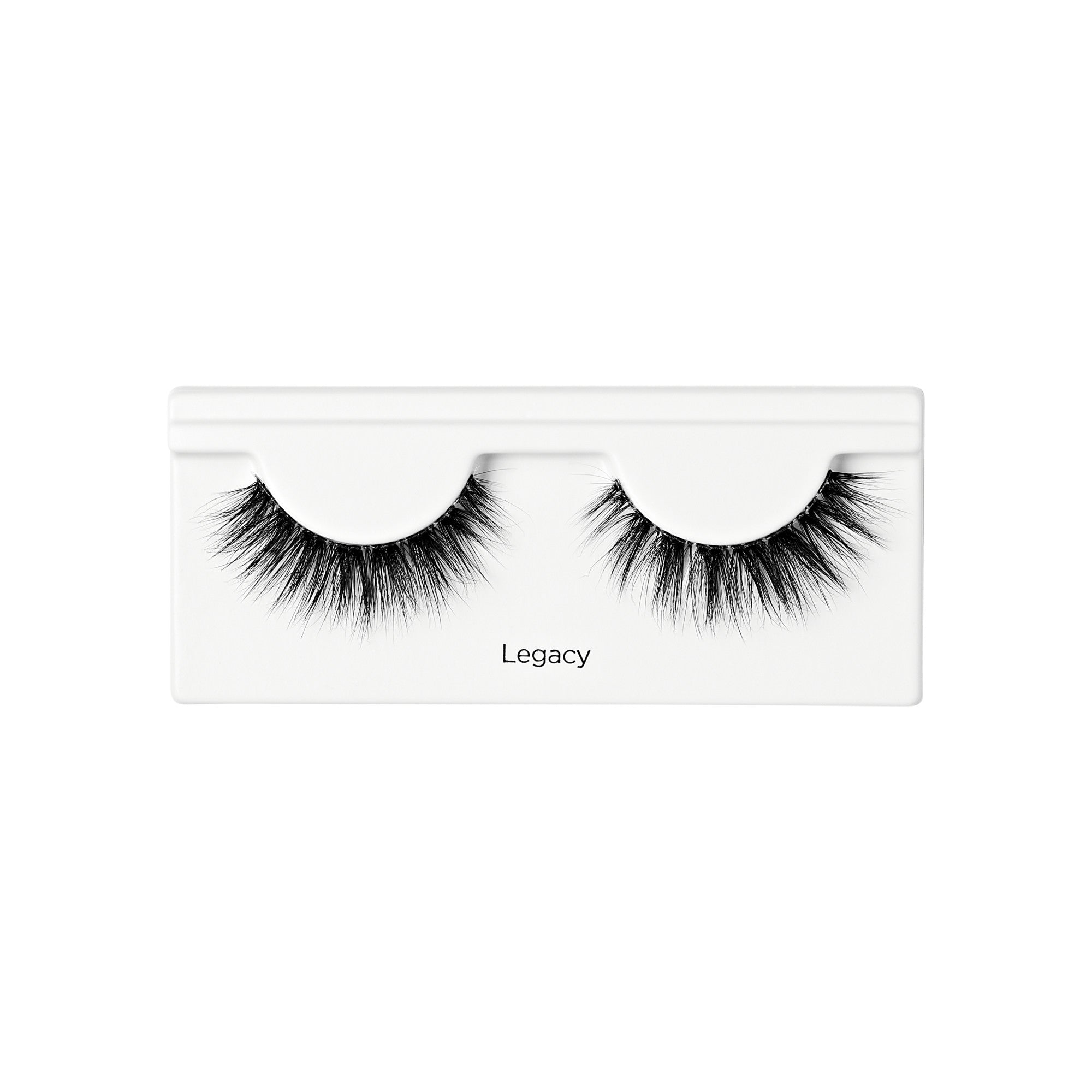 Pair of black, voluminous false eyelashes in white plastic packaging with \