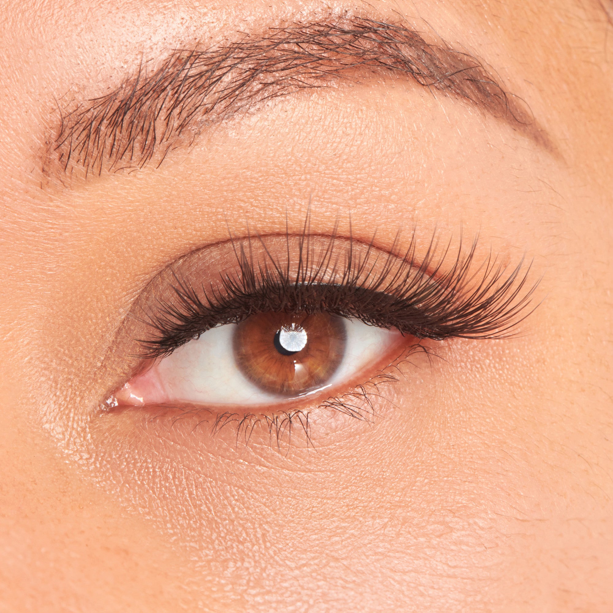 The image features a close-up of a human eye with a focus on the eyelashes and brow. The eye has a warm brown iris, and the eyelashes are long and voluminous, enhancing the eye&