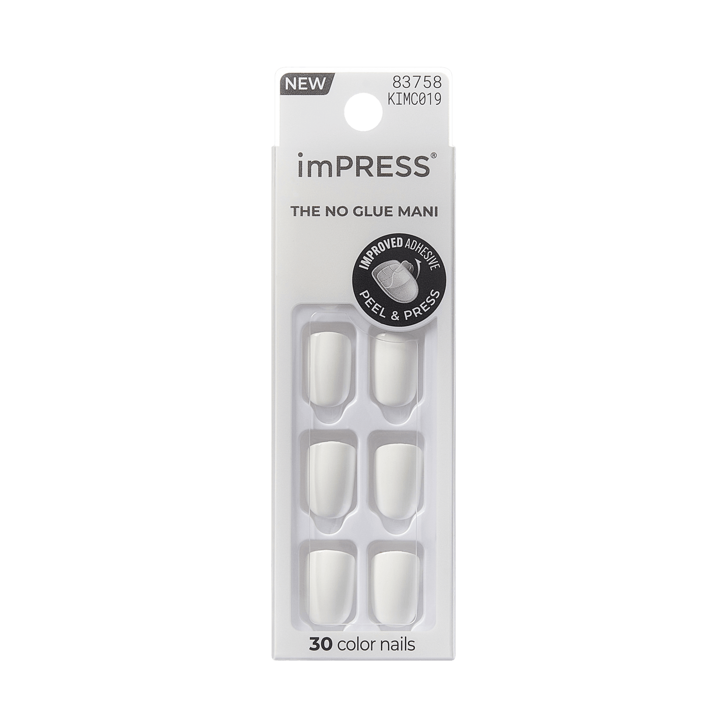 imPRESS Frosting press-on nails in white, displayed in packaging with 30 nails, labeled “The No Glue Mani” and “Improved Adhesive Peel &amp; Press.”