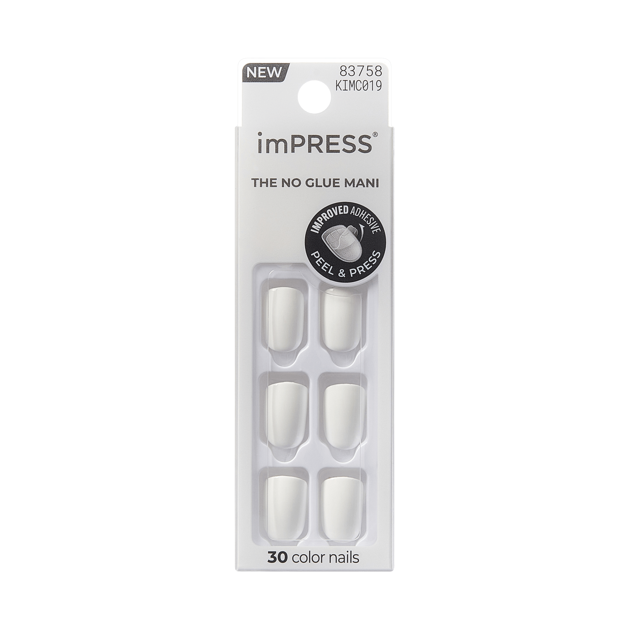 imPRESS Frosting press-on nails in white, displayed in packaging with 30 nails, labeled “The No Glue Mani” and “Improved Adhesive Peel &amp; Press.”
