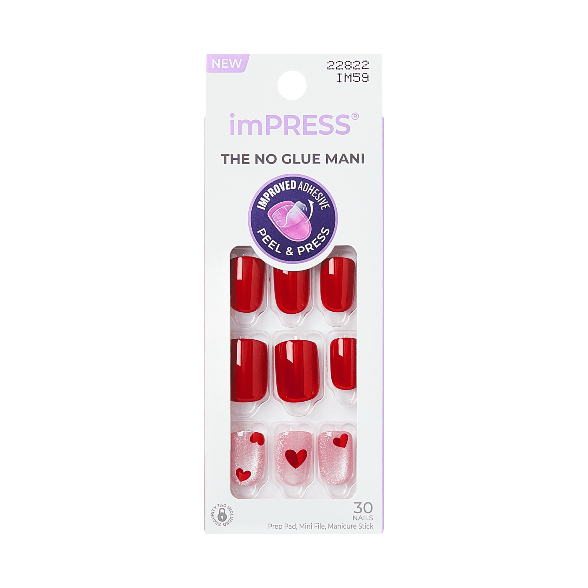 imPRESS The No Glue Mani press-on nails in red with heart designs, 30 nails included.
