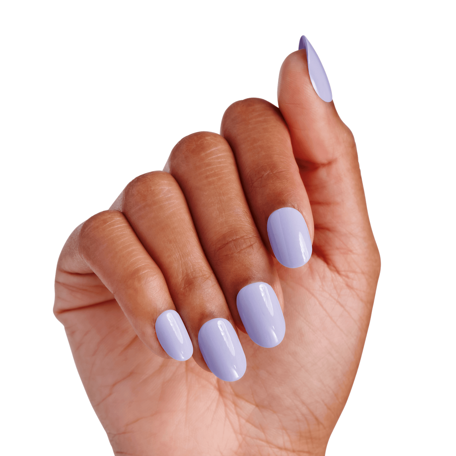 The image features a hand with neatly manicured nails painted in a soft lavender color. The nails are of varying lengths, with some being slightly longer and pointed, while others are more rounded. The skin tone of the hand is warm, and the overall appearance is polished and elegant, showcasing the glossy finish of the nail polish against a plain white background.
