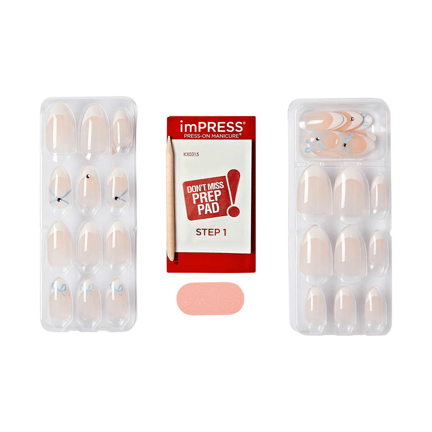 The image features a set of press-on nails from the brand imPRESS. There are two trays of nails, each containing various sizes and shapes of artificial nails. The nails are a natural nude color with some featuring a light blue design. In the center, there is a prep pad package labeled "DON&