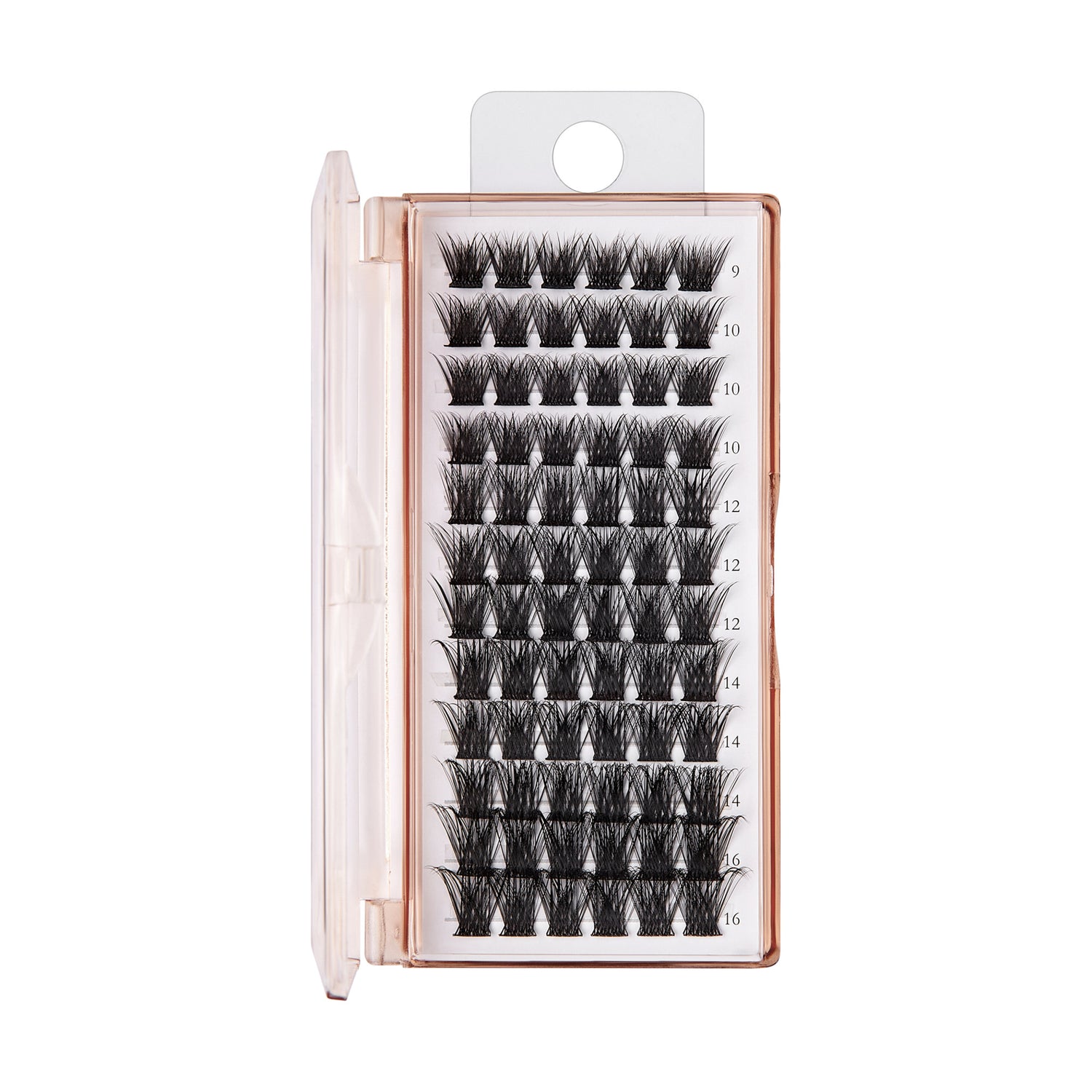 The image features a clear plastic case containing individual false eyelashes. The lashes are arranged in rows, with varying lengths labeled from 9mm to 16mm. The lashes appear to be black and have a natural, wispy texture, designed to enhance the appearance of eyelashes. The case is neatly organized, making it easy to select the desired length for application.