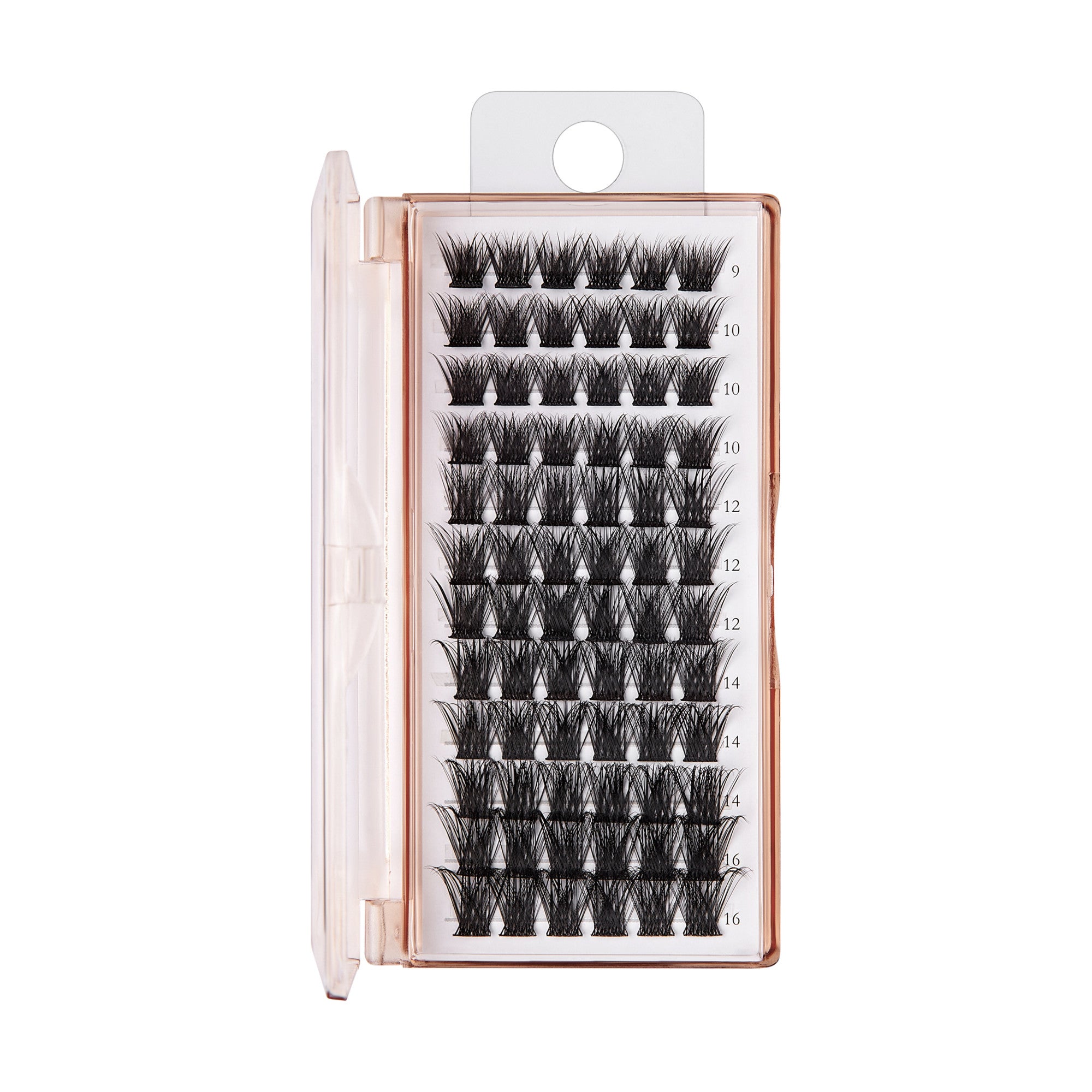 The image features a clear plastic case containing individual false eyelashes. The lashes are arranged in rows, with varying lengths labeled from 9mm to 16mm. The lashes appear to be black and have a natural, wispy texture, designed to enhance the appearance of eyelashes. The case is neatly organized, making it easy to select the desired length for application.
