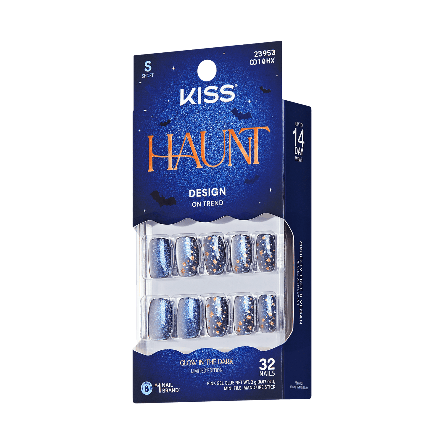 Kiss Haunt Halloween Press On Fake Glue Nails - Silent Howl | Design, Blue, Short, Squoval, Glow In The Dark