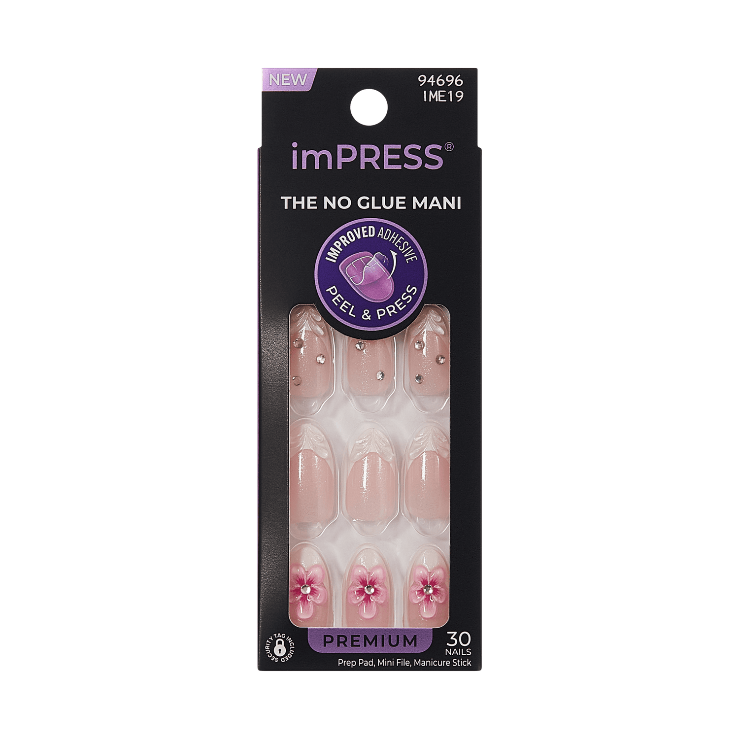 imPRESS The No Glue Mani press-on nails with pink flower design, 30 nails.