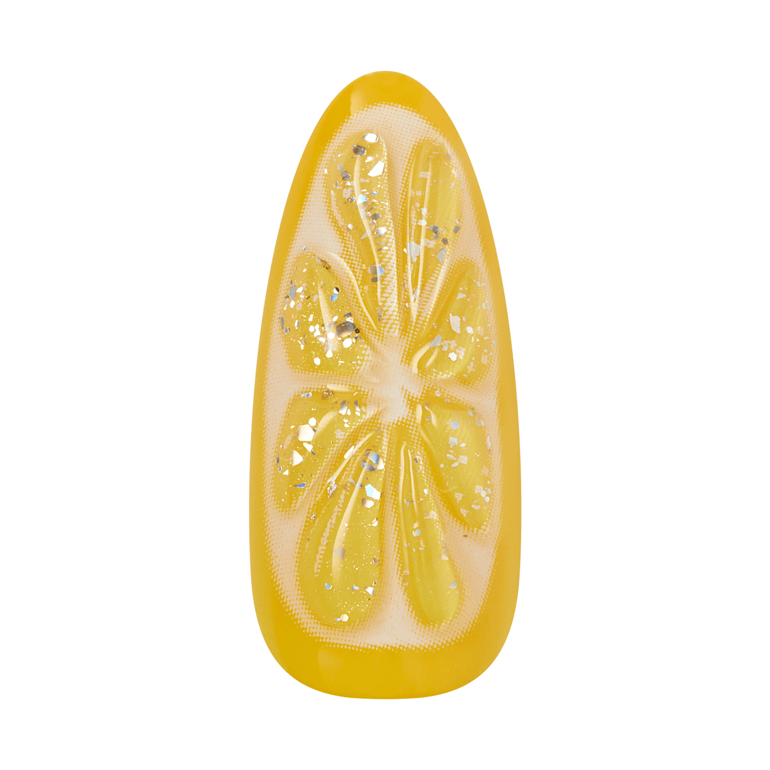 Yellow lemon-shaped decorative object with metallic floral details and glitter accents.