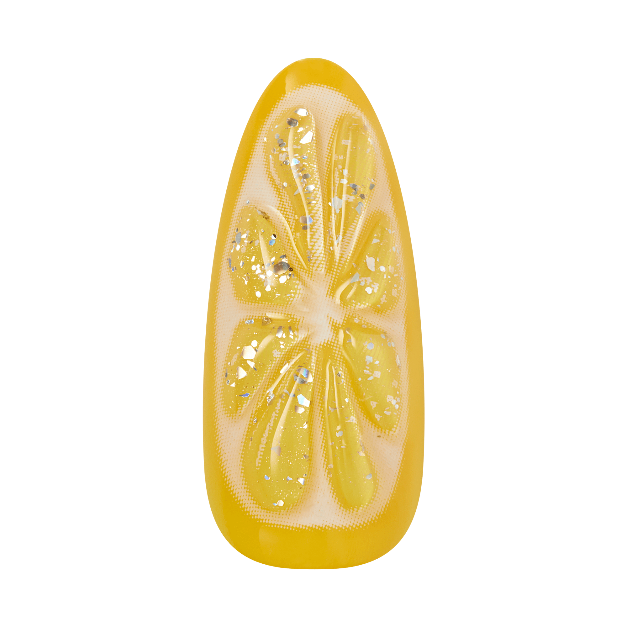 Yellow lemon-shaped decorative object with metallic floral details and glitter accents.