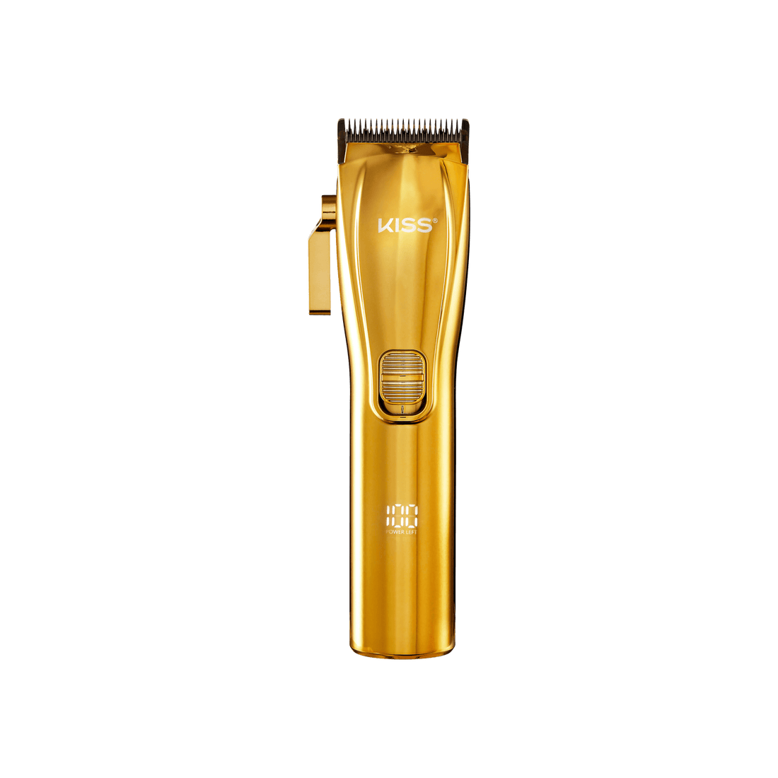 The image shows a gold-colored electric hair clipper. The clipper has a sleek, metallic finish with the brand name "KISS" printed near the top. It features a power button in the middle of the body and a set of blades at the top for cutting hair. The design is modern and stylish, with a glossy appearance.