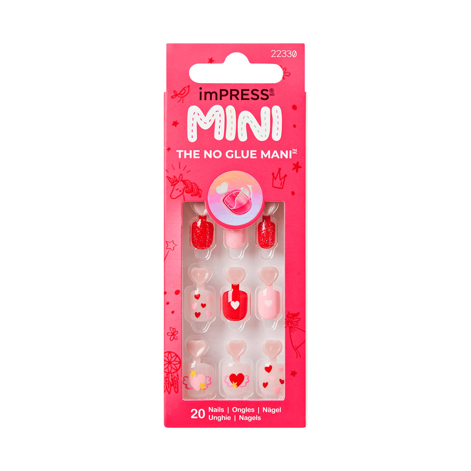 imPRESS MINI No Glue Mani press-on nails with heart designs, 20 nails