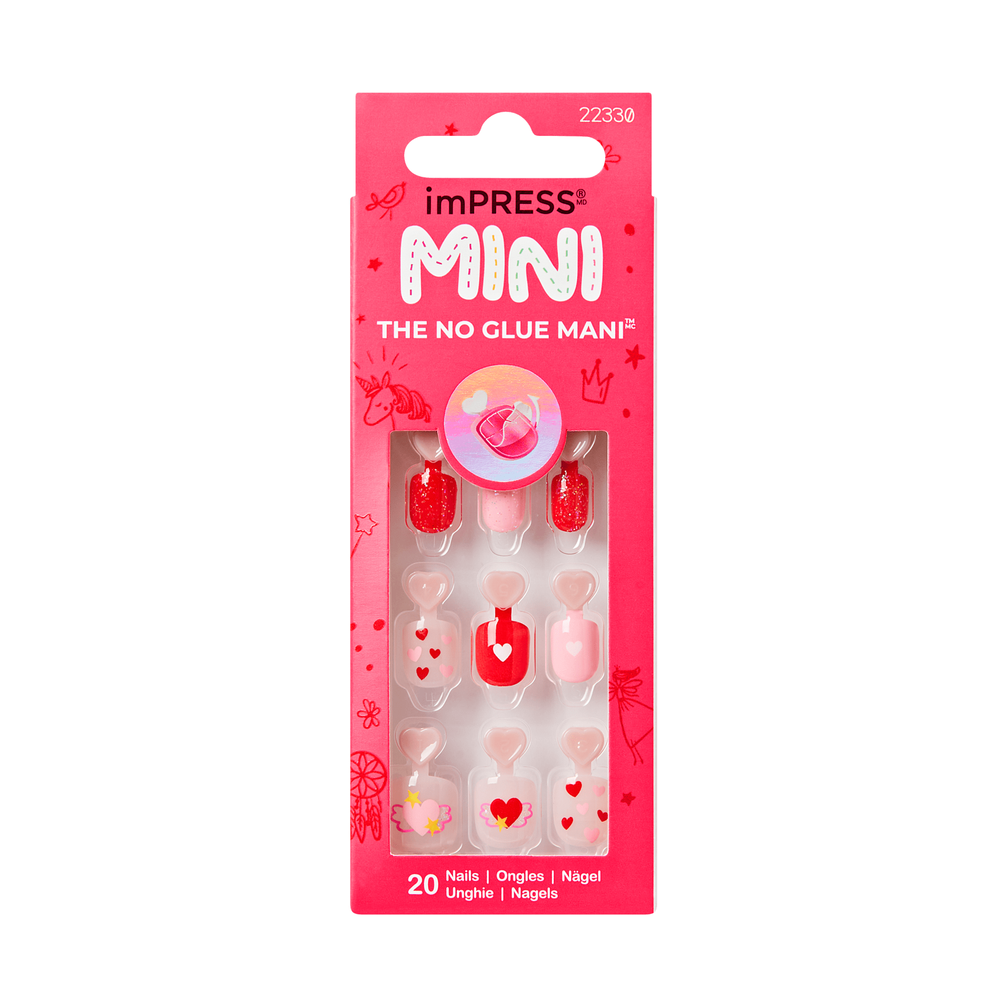 imPRESS MINI No Glue Mani press-on nails with heart designs, 20 nails