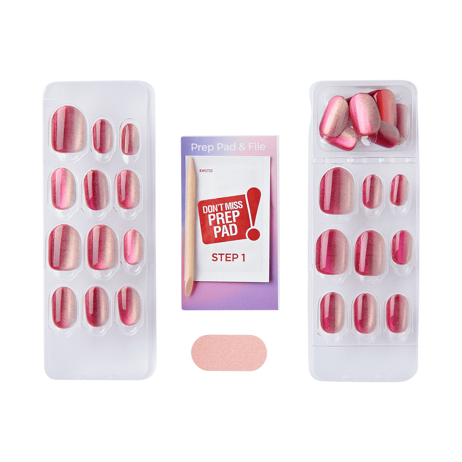 The image shows a set of press-on nails. The set includes two trays of nails in various sizes, each with a pink and red gradient design. In the center, there is a small package labeled "Prep Pad &amp; File" with the text "Don&