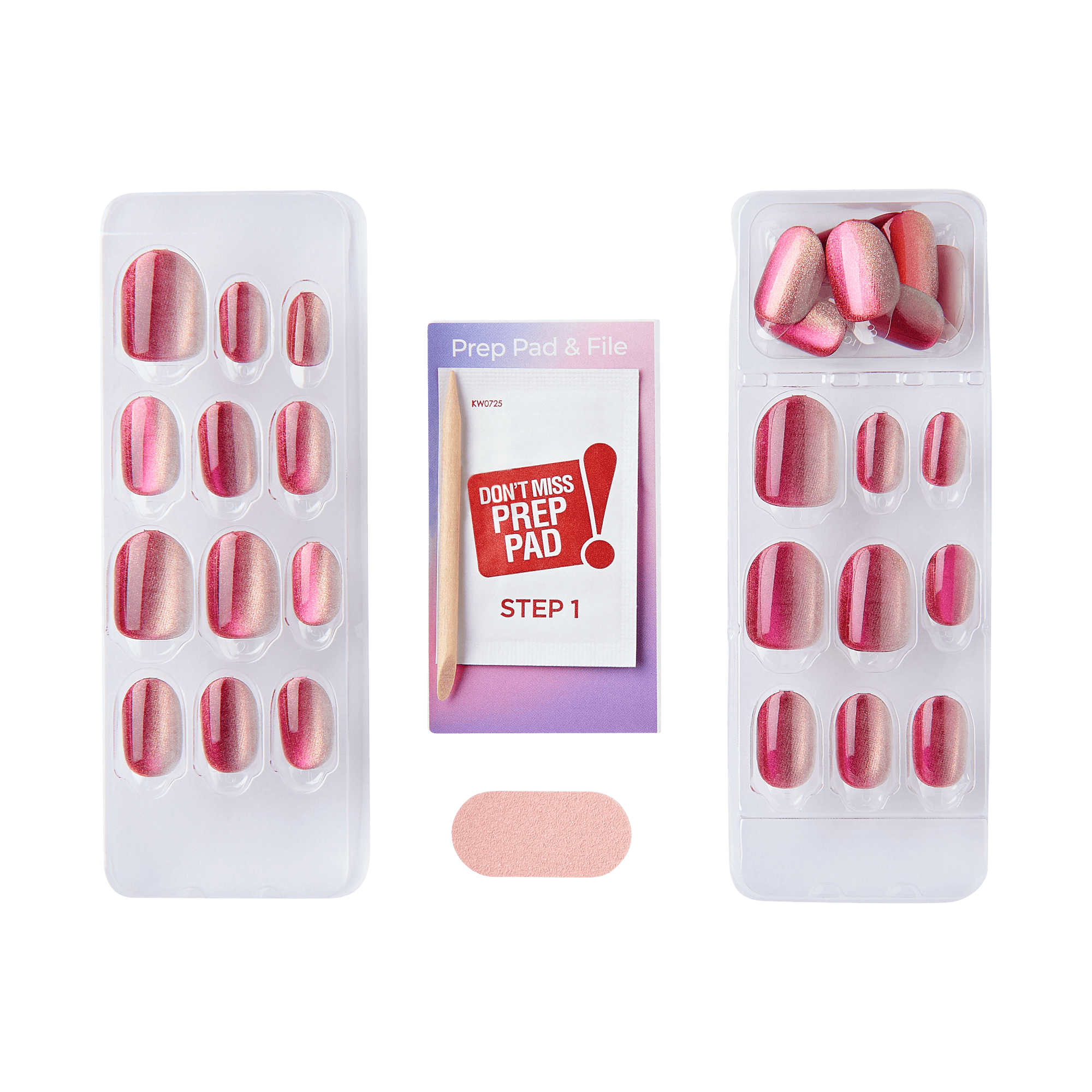 The image shows a set of press-on nails. The set includes two trays of nails in various sizes, each with a pink and red gradient design. In the center, there is a small package labeled "Prep Pad &amp; File" with the text "Don&