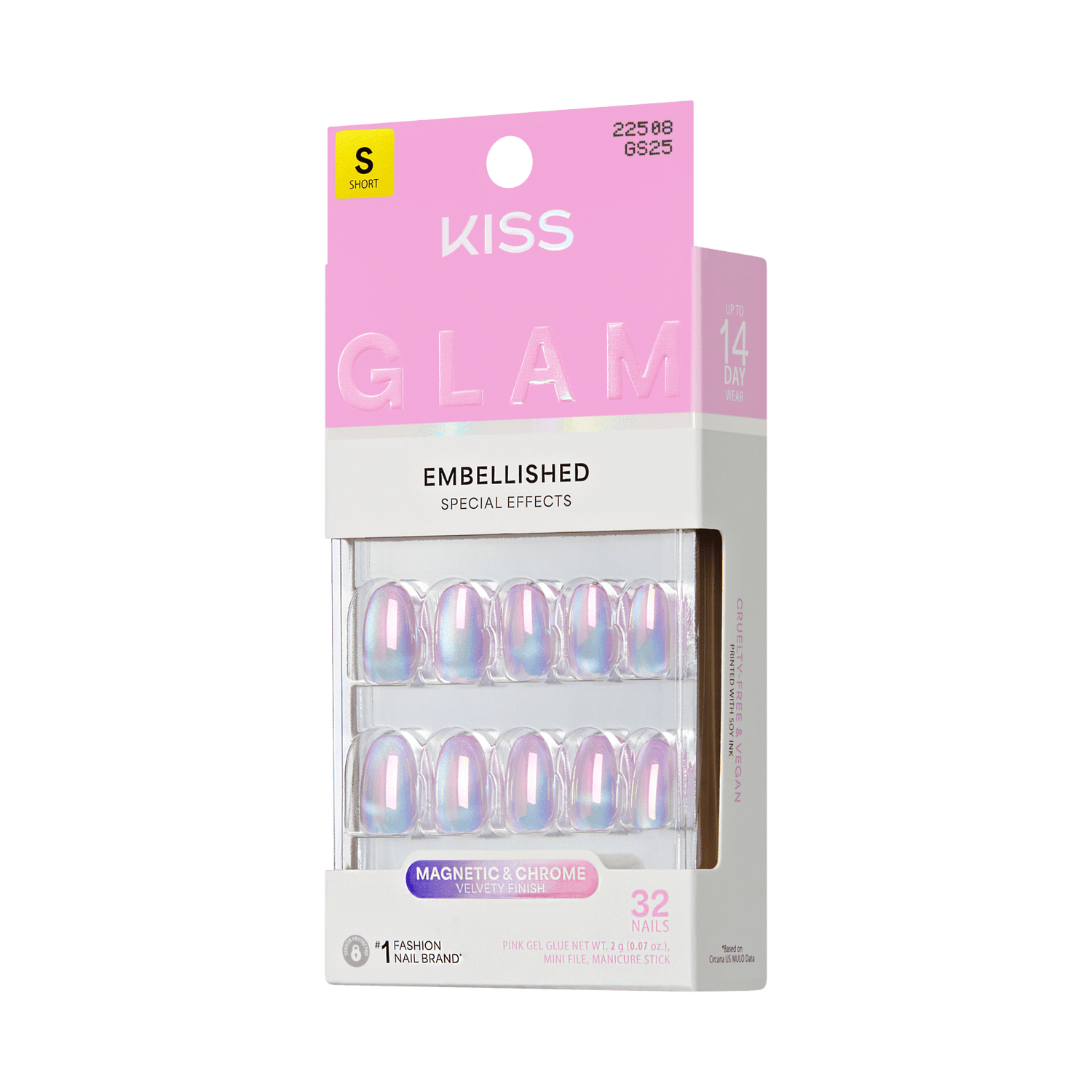 KISS Glam Embellished Short Nails, Magnetic &amp; Chrome, 32 Count