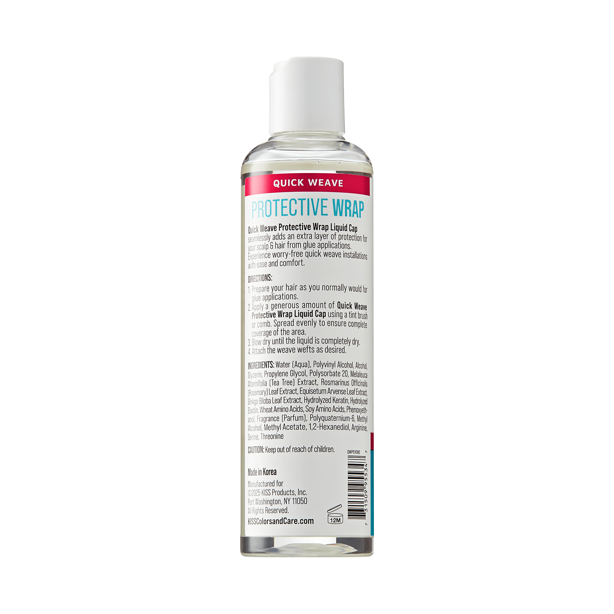 Clear plastic bottle with a white flip cap showing the back label of Quick Weave Protective Wrap Liquid Cap, including usage directions and ingredients.