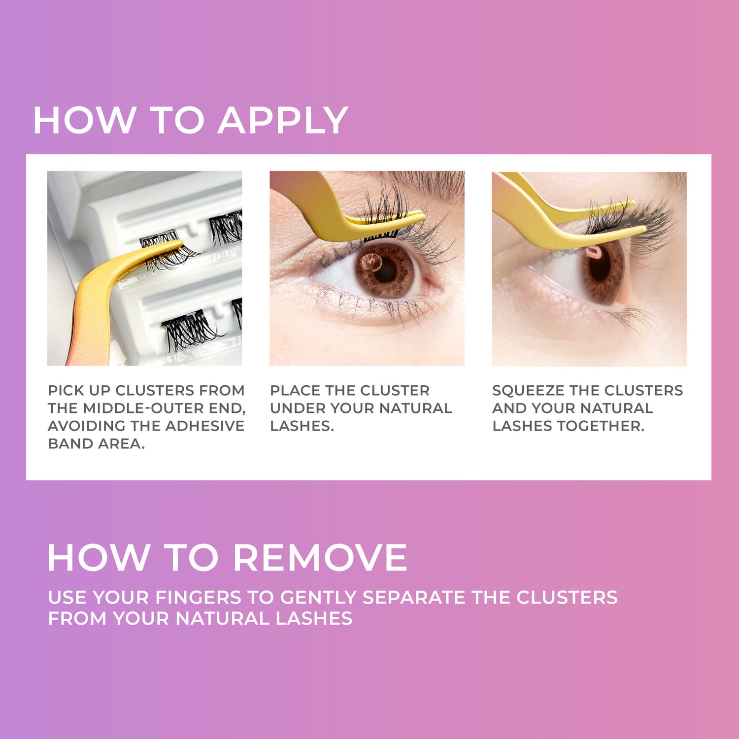 Purple background with three-step visual instructions showing a yellow applicator placing false eyelash clusters near natural lashes. Text explains how to apply by picking clusters from the tray, placing under natural lashes, and squeezing them together.