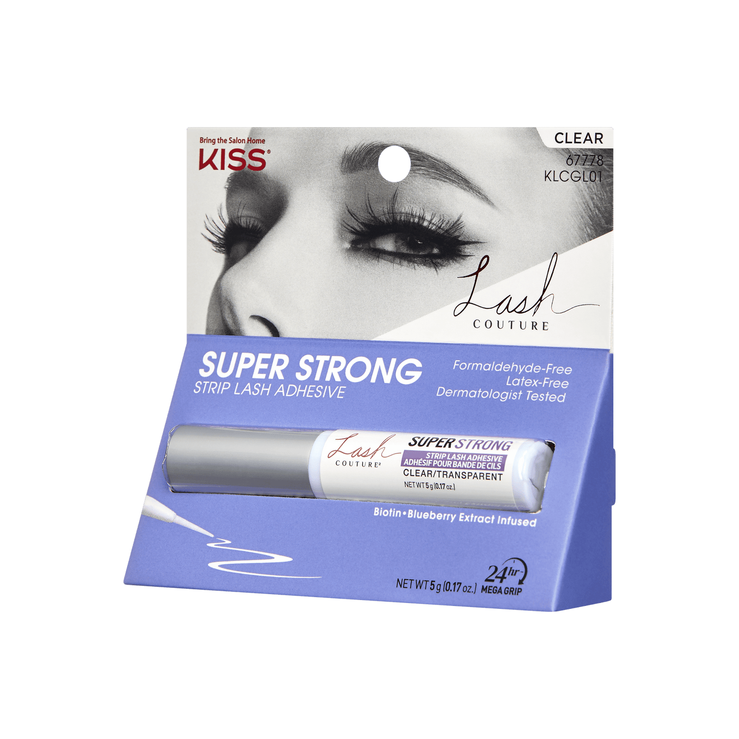 Kiss Lash Couture Super Strong Strip Lash Adhesive packaging on a green background