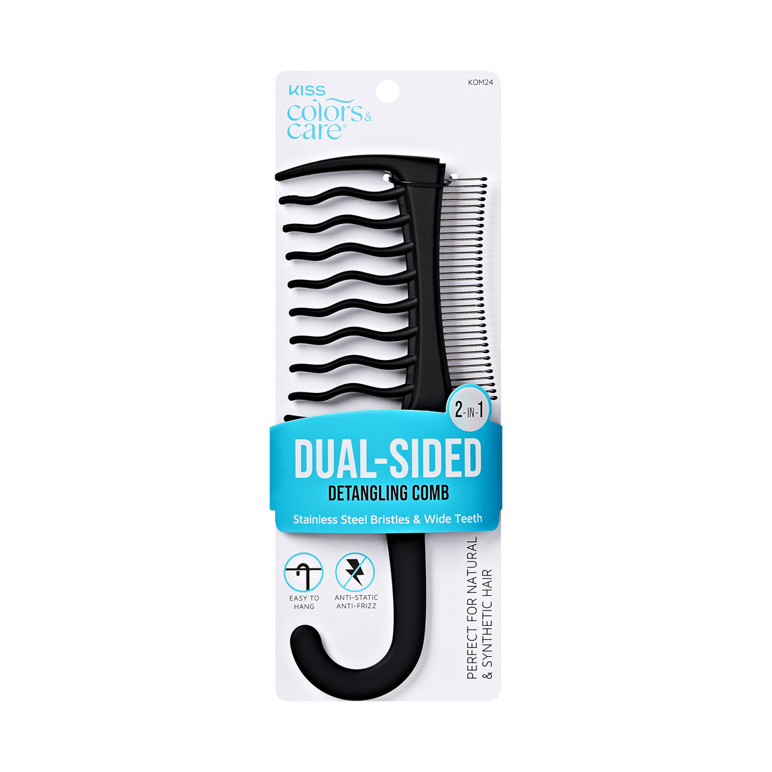 Black dual-sided detangling comb with wide teeth and stainless steel bristles, packaged with blue label stating "2-in-1 Dual-Sided Detangling Comb," anti-static, easy to hang.