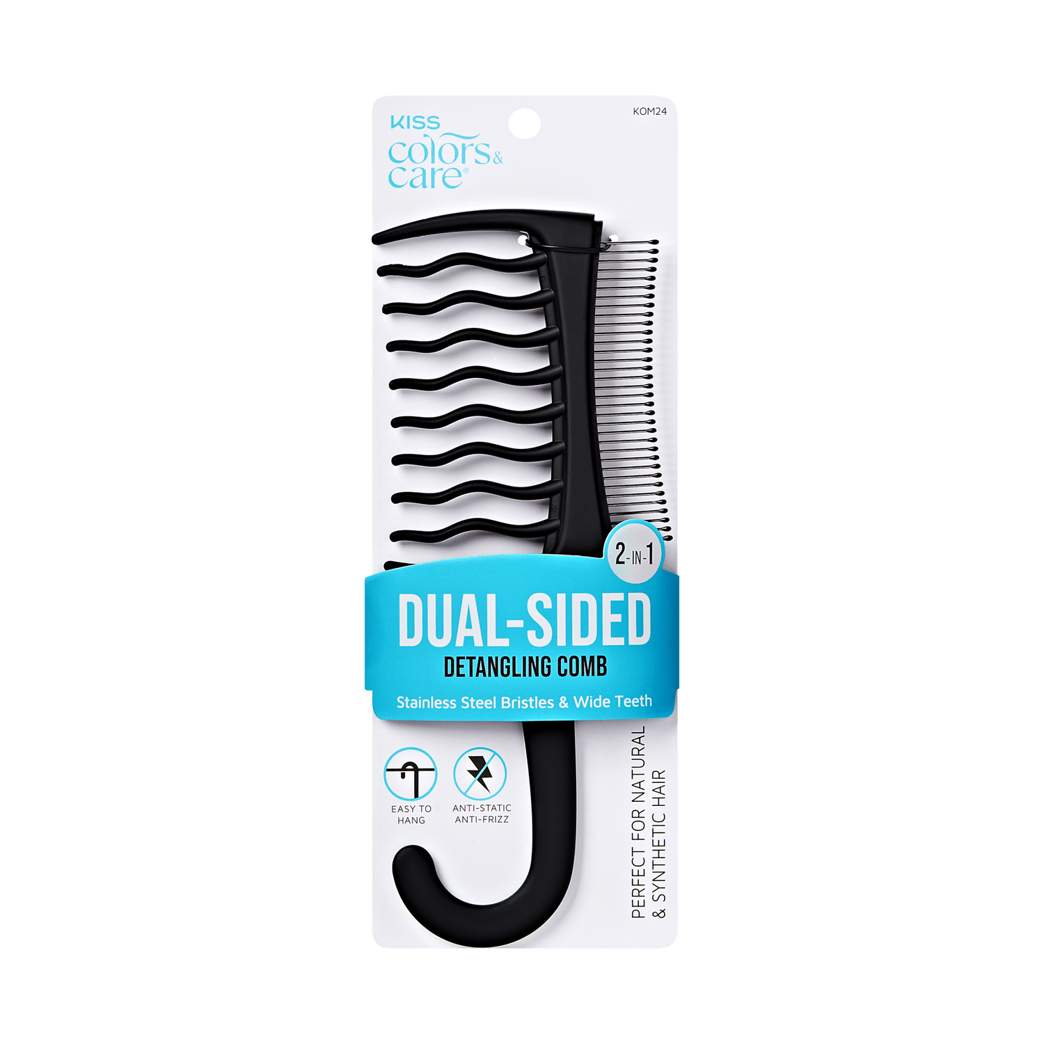 Black dual-sided detangling comb with wide teeth and stainless steel bristles, packaged with blue label stating "2-in-1 Dual-Sided Detangling Comb," anti-static, easy to hang.