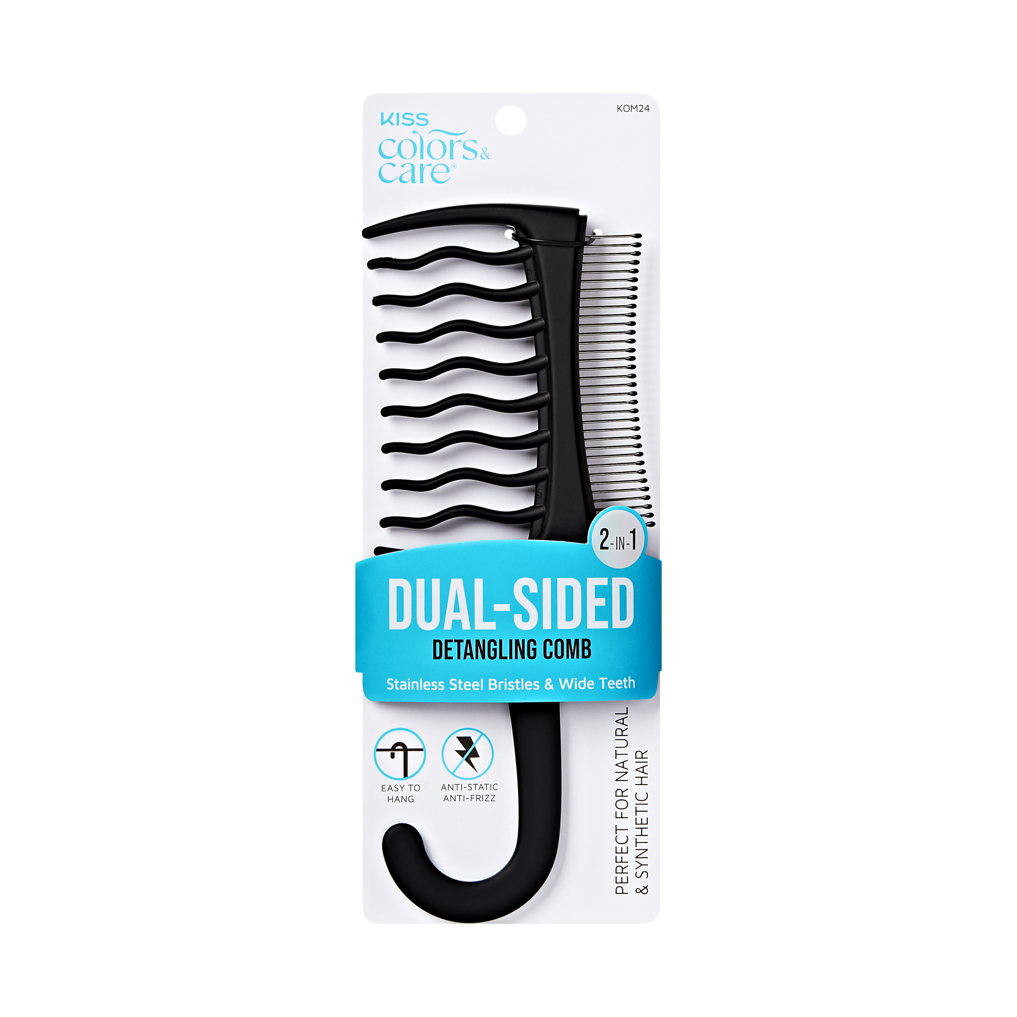 Black dual-sided detangling comb with wide teeth and stainless steel bristles, packaged with blue label stating "2-in-1 Dual-Sided Detangling Comb," anti-static, easy to hang.