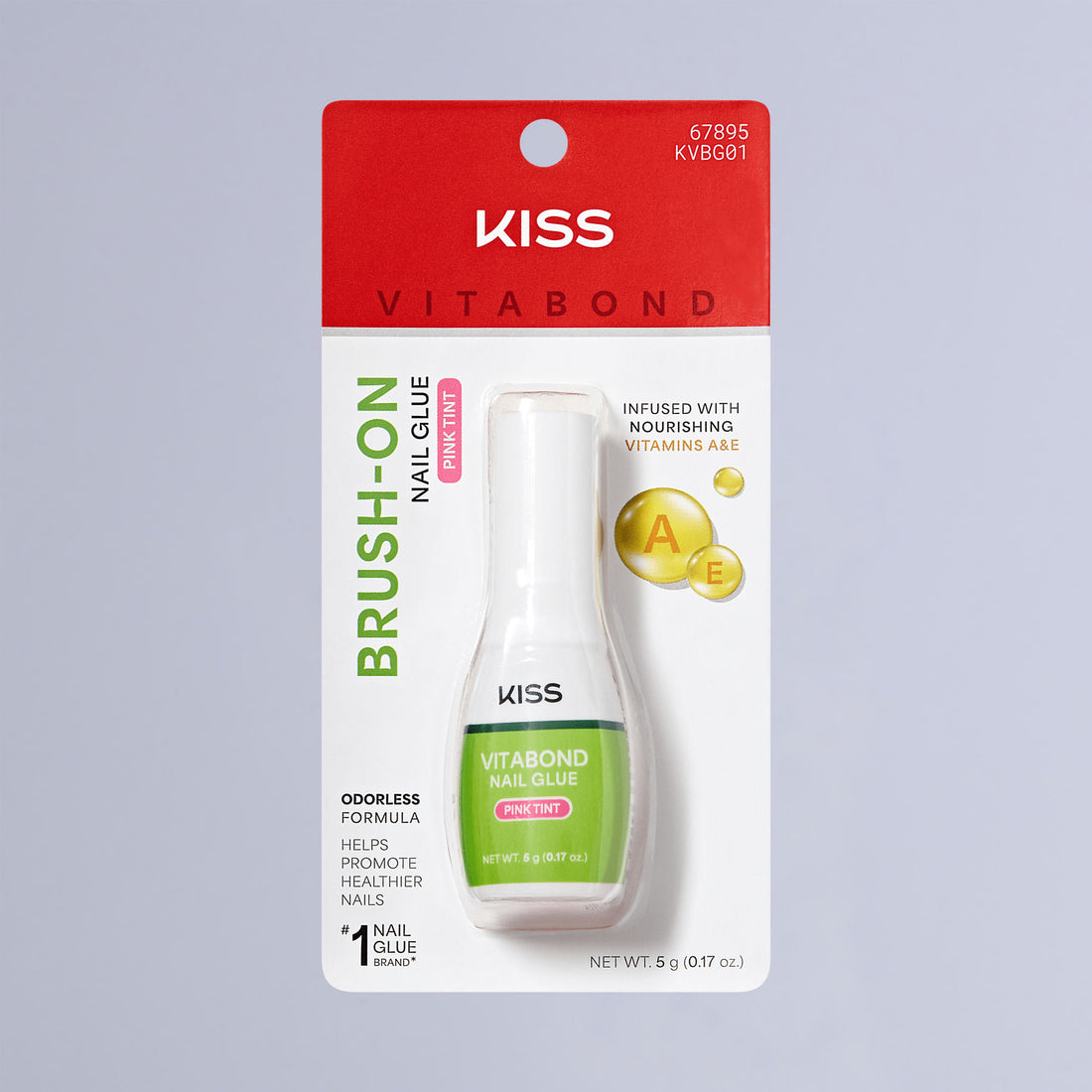 Small white bottle of KISS VitaBond Brush-On Nail Glue with pink tint, packaged on a card with red and white background, highlighting vitamins A &amp; E and odorless formula.